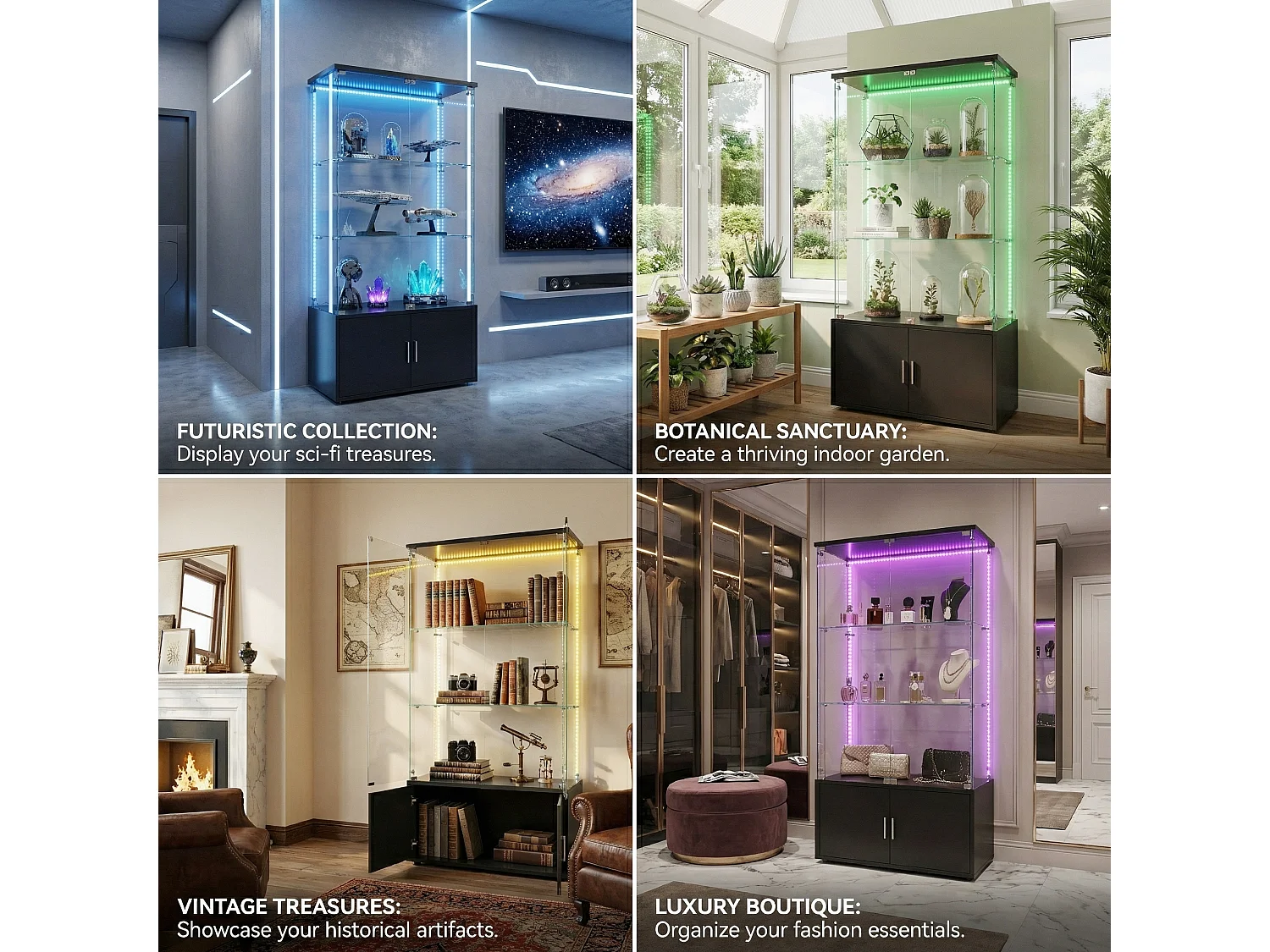 DreamMespace Vitrine Verre Trempé 78.5x35x164 cm - Meuble de Rangement 3 Niveaux avec Caisson & Ruban LED RGB, Noir