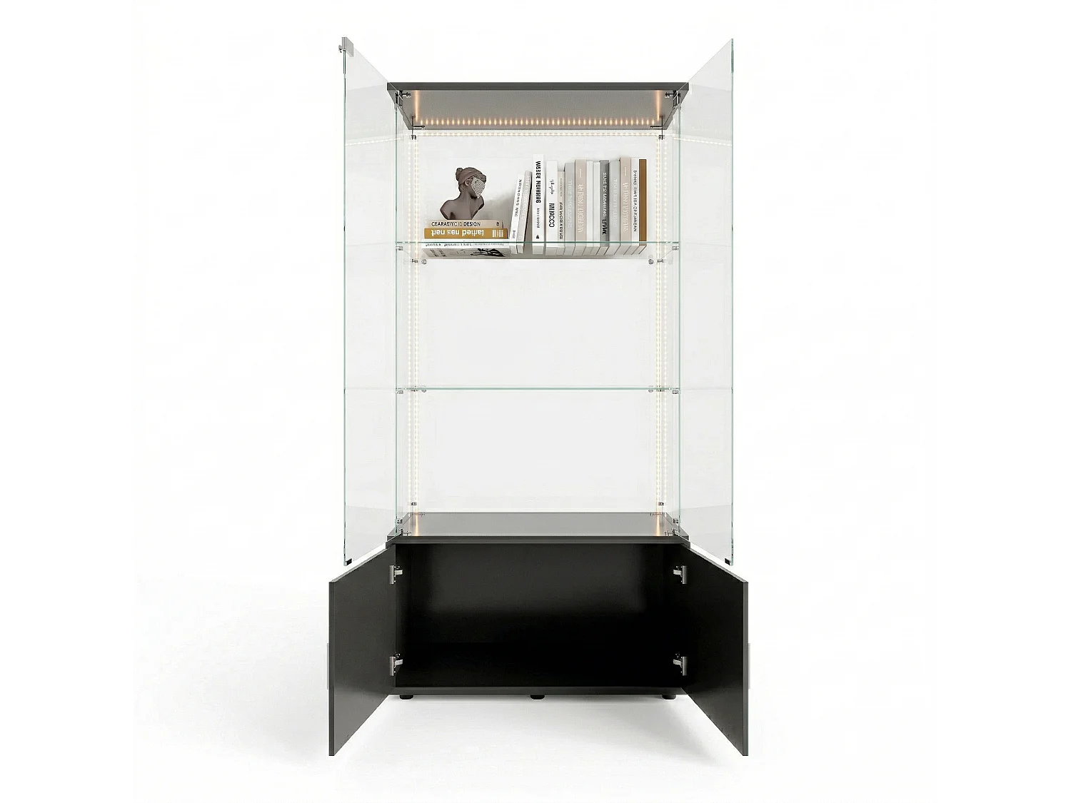 DreamMespace Vitrine Verre Trempé 78.5x35x164 cm - Meuble de Rangement 3 Niveaux avec Caisson & Ruban LED RGB, Noir