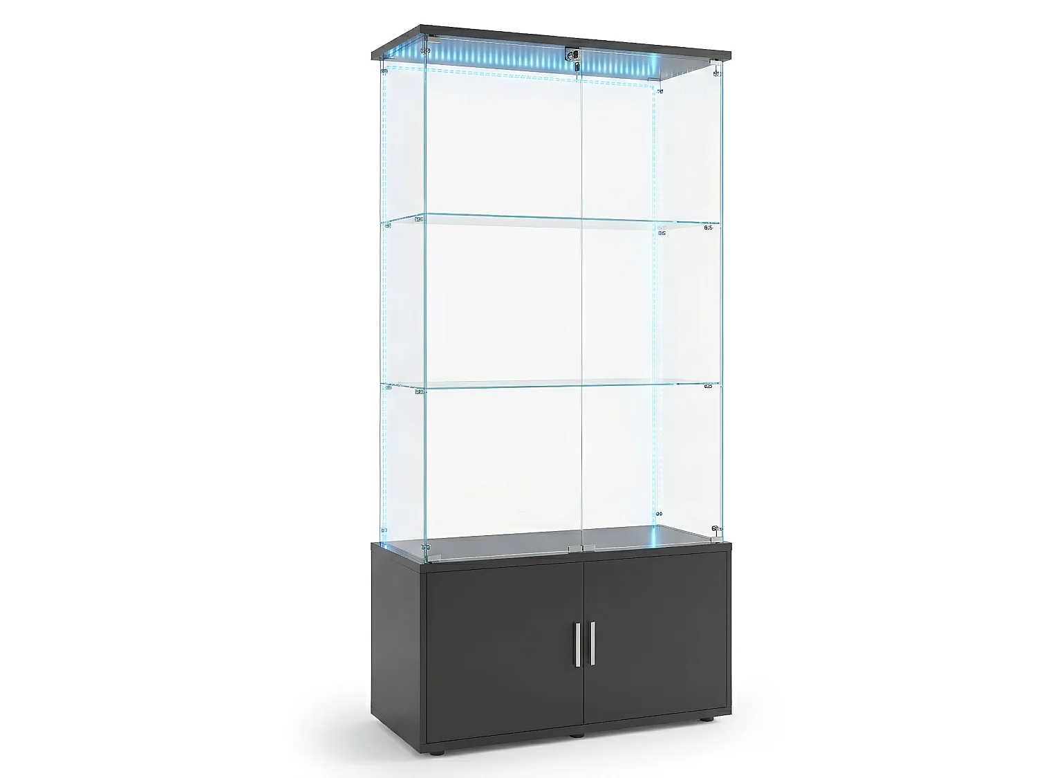 DreamMespace Vitrine Verre Trempé 78.5x35x164 cm - Meuble de Rangement 3 Niveaux avec Caisson & Ruban LED RGB, Noir