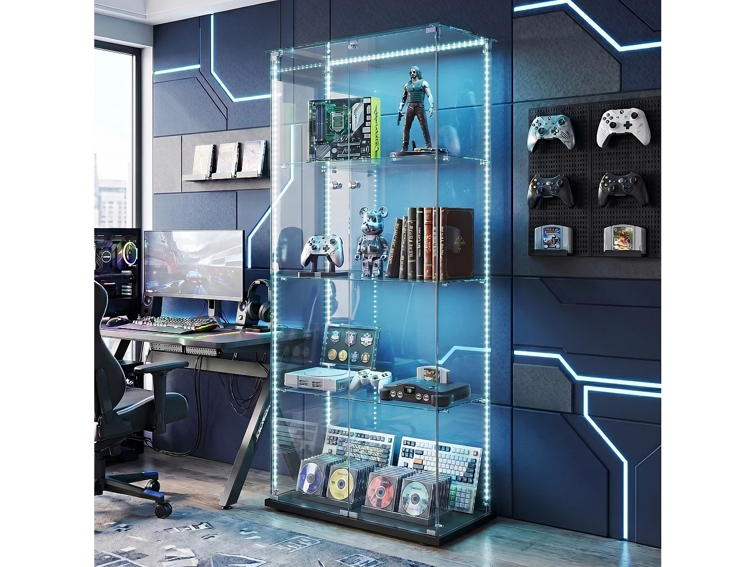 DreamMespace Vitrine Verre Trempé 78.5x35x163 cm - Meuble de Rangement Double Porte 4 Niveaux avec Ruban LED RGB, Noir