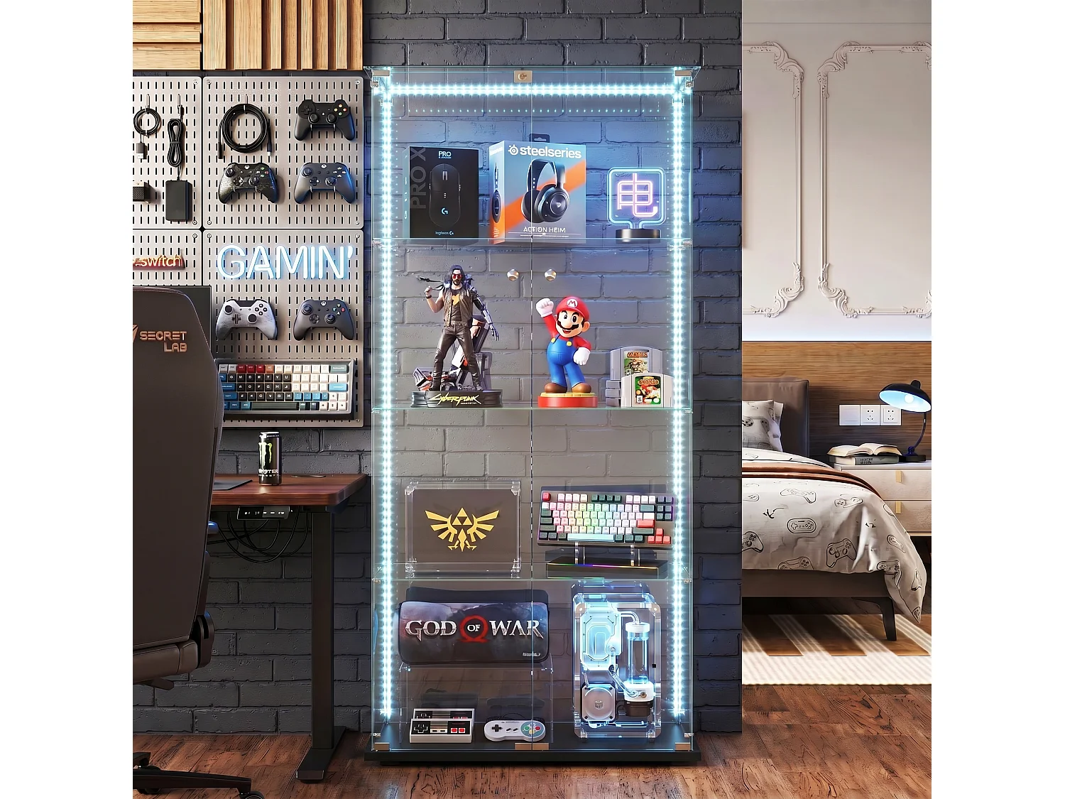 DreamMespace Vitrine Verre Trempé 78.5x35x163 cm - Meuble de Rangement Double Porte 4 Niveaux avec Ruban LED RGB, Noir