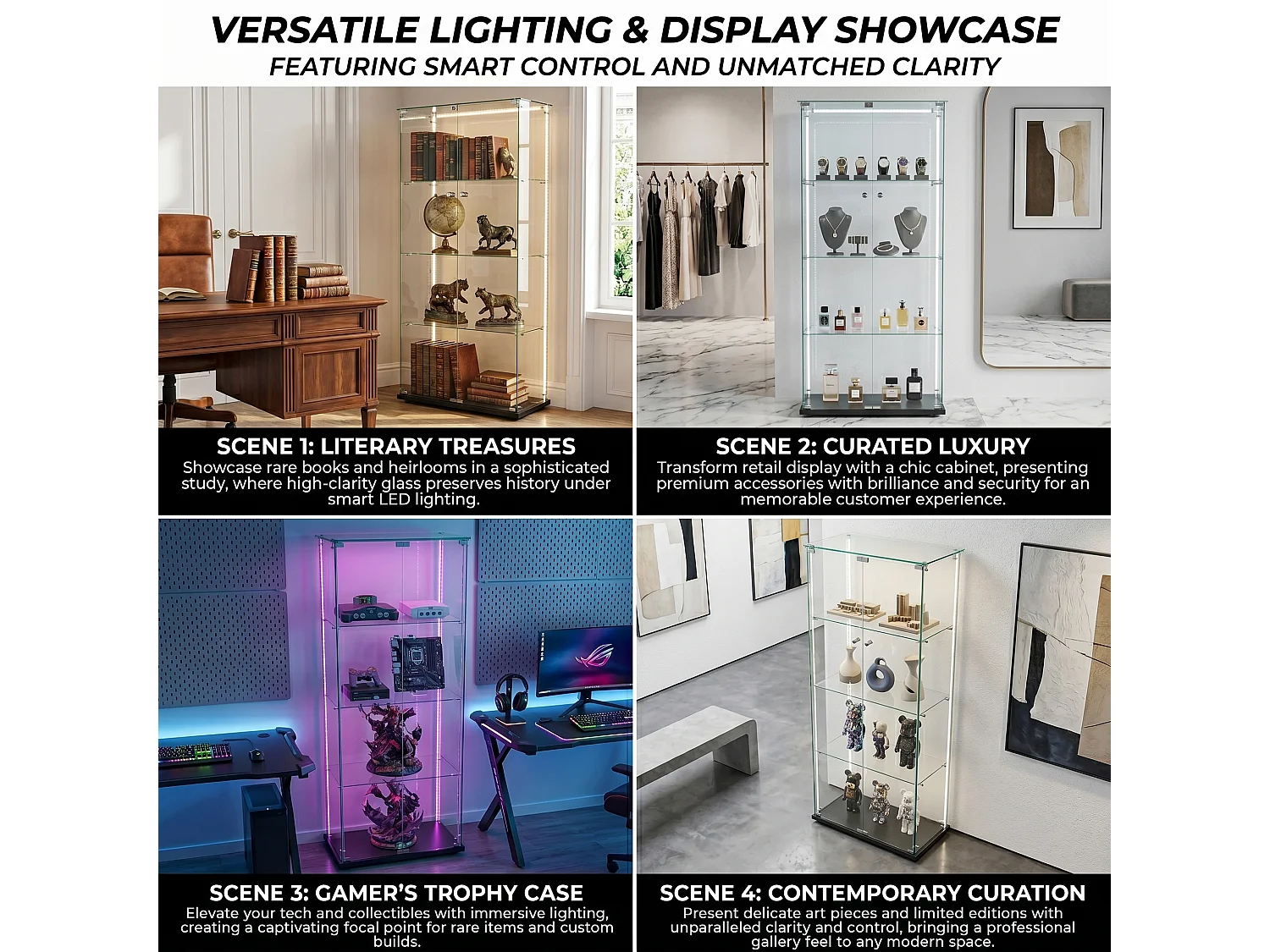 DreamMespace Vitrine Verre Trempé 78.5x35x163 cm - Meuble de Rangement Double Porte 4 Niveaux avec Ruban LED RGB, Noir