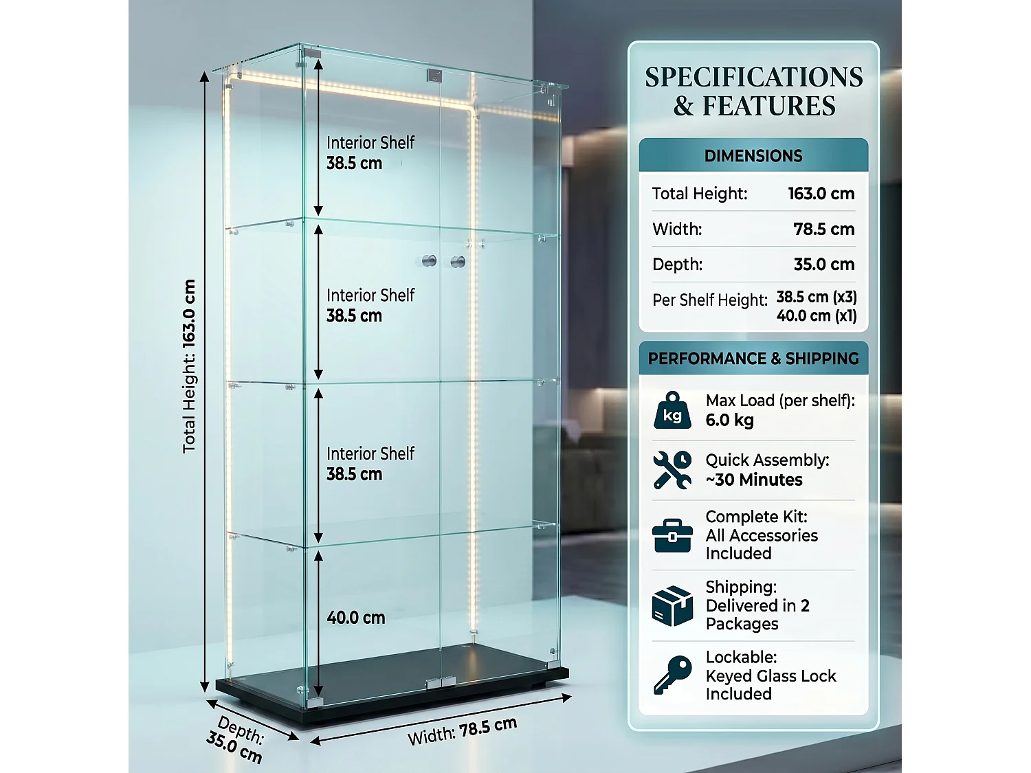 DreamMespace Vitrine Verre Trempé 78.5x35x163 cm - Meuble de Rangement Double Porte 4 Niveaux avec Ruban LED RGB, Noir