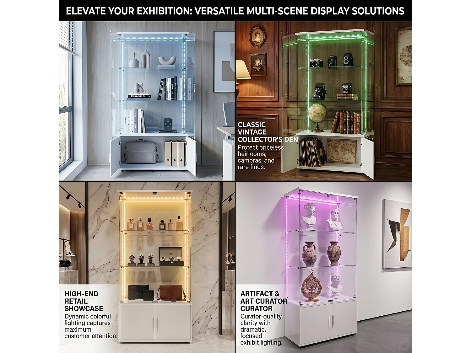 DreamMespace Vitrine Verre Trempé 78.5x35x164 cm - Meuble de Rangement 3 Niveaux avec Caisson & Ruban LED RGB, Blanc