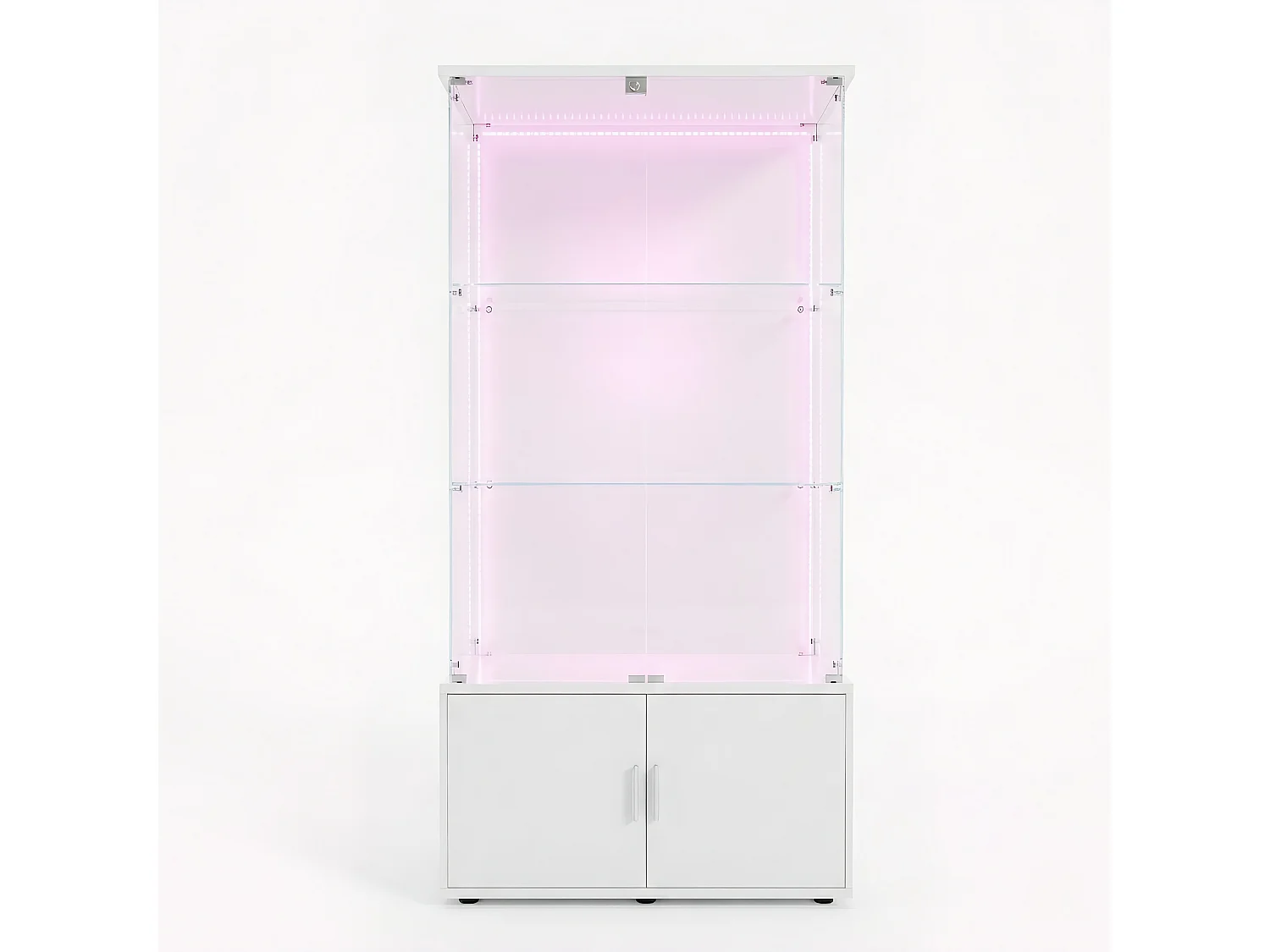 DreamMespace Vitrine Verre Trempé 78.5x35x164 cm - Meuble de Rangement 3 Niveaux avec Caisson & Ruban LED RGB, Blanc