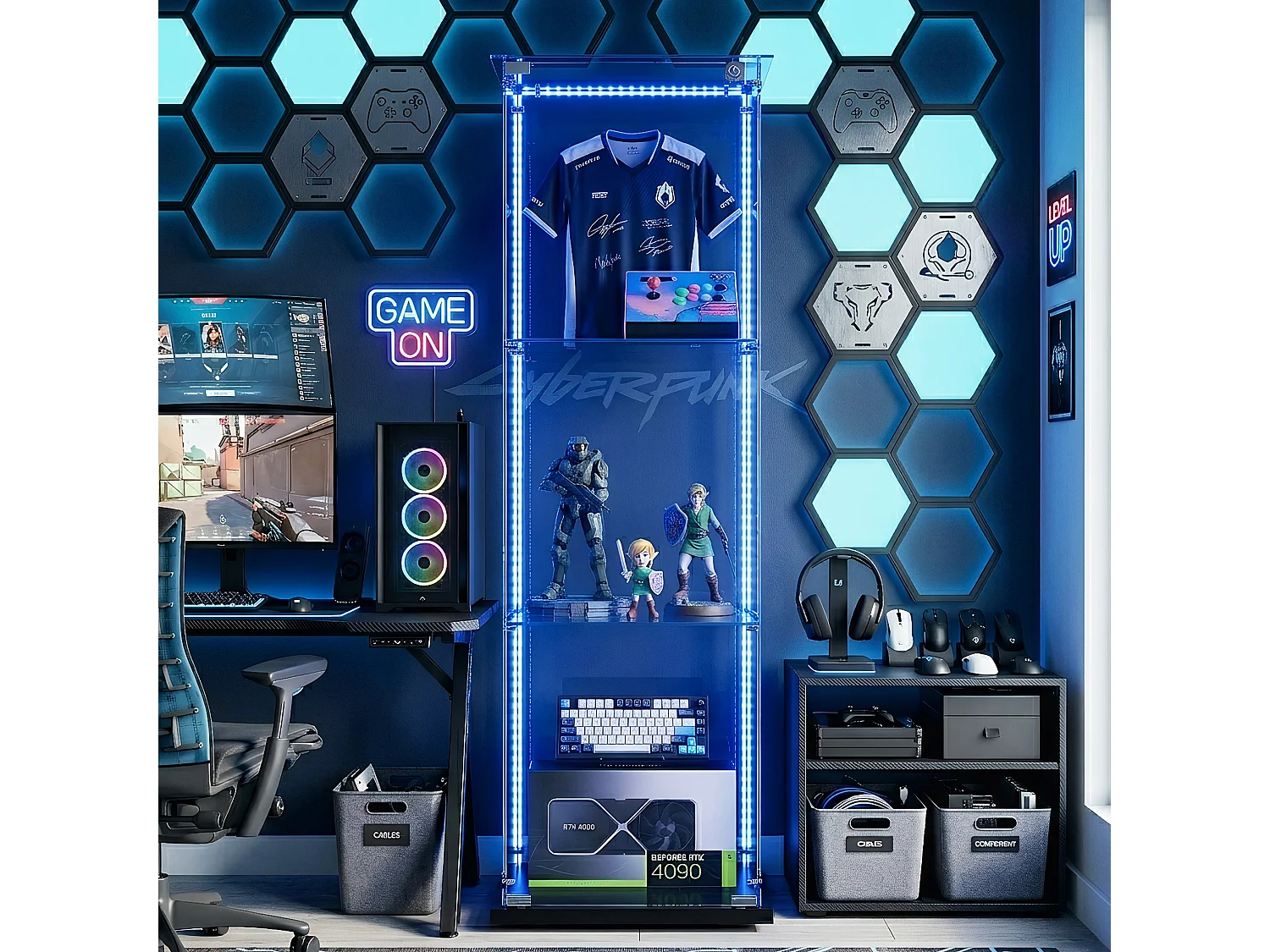 DreamMespace Vitrine Verre Trempé 39.8x35x123.3 cm - Meuble de Rangement 3 Niveaux avec Ruban LED RGB & Clé, Noir