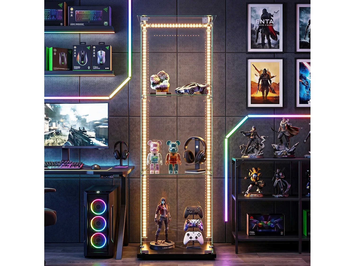 DreamMespace Vitrine Verre Trempé 39.8x35x123.3 cm - Meuble de Rangement 3 Niveaux avec Ruban LED RGB & Clé, Noir