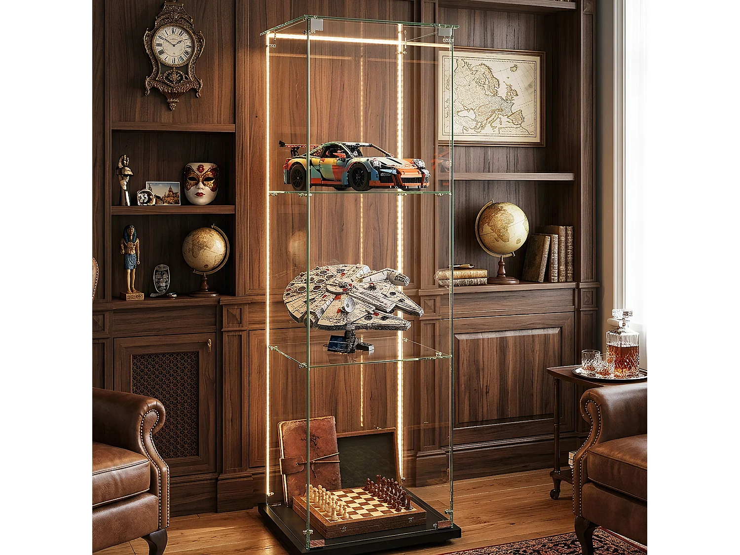 DreamMespace Vitrine Verre Trempé 39.8x35x123.3 cm - Meuble de Rangement 3 Niveaux avec Ruban LED RGB & Clé, Noir