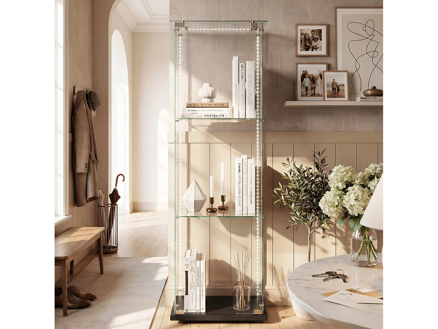 DreamMespace Vitrine Verre Trempé 39.8x35x123.3 cm - Meuble de Rangement 3 Niveaux avec Ruban LED RGB & Clé, Noir