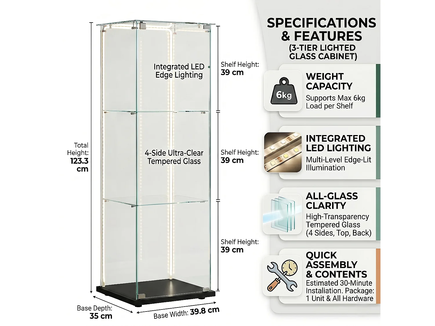 DreamMespace Vitrine Verre Trempé 39.8x35x123.3 cm - Meuble de Rangement 3 Niveaux avec Ruban LED RGB & Clé, Noir