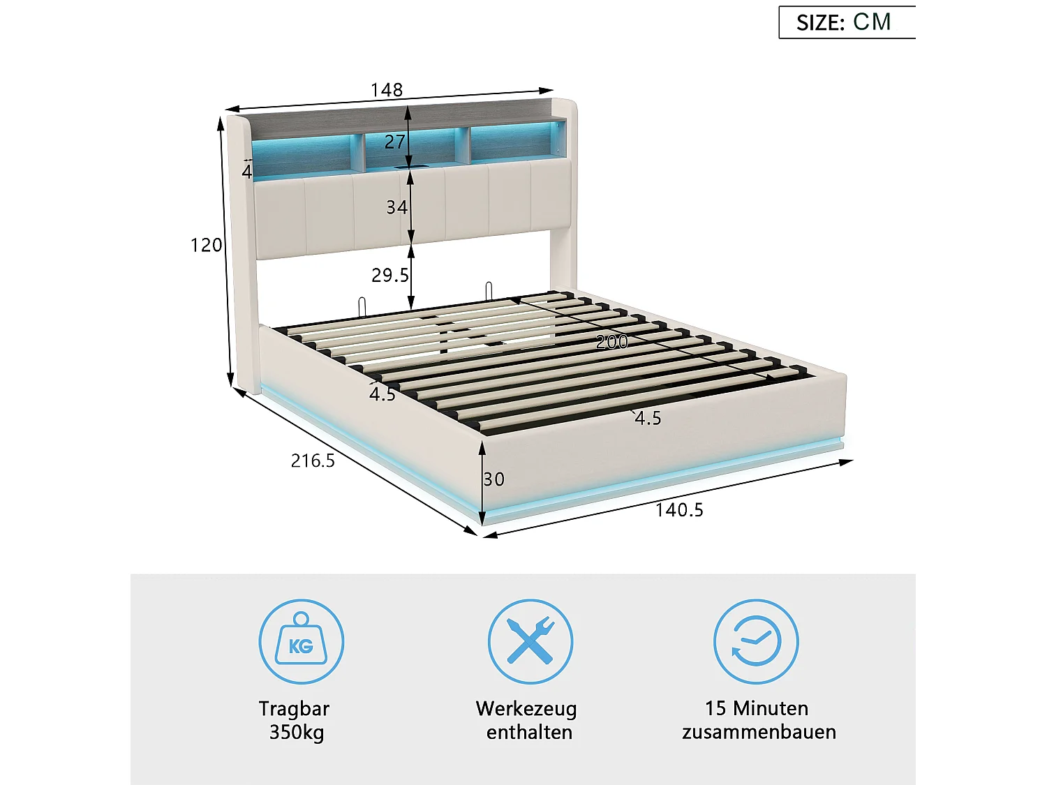 Lit Coffre 140x200 avec LED et Port USB, Lit Double avec Étagères Ouvertes, Tête de Lits Capitonné et Rangement, Cadre de Lit rembourré avec Sommier, Velours Beige