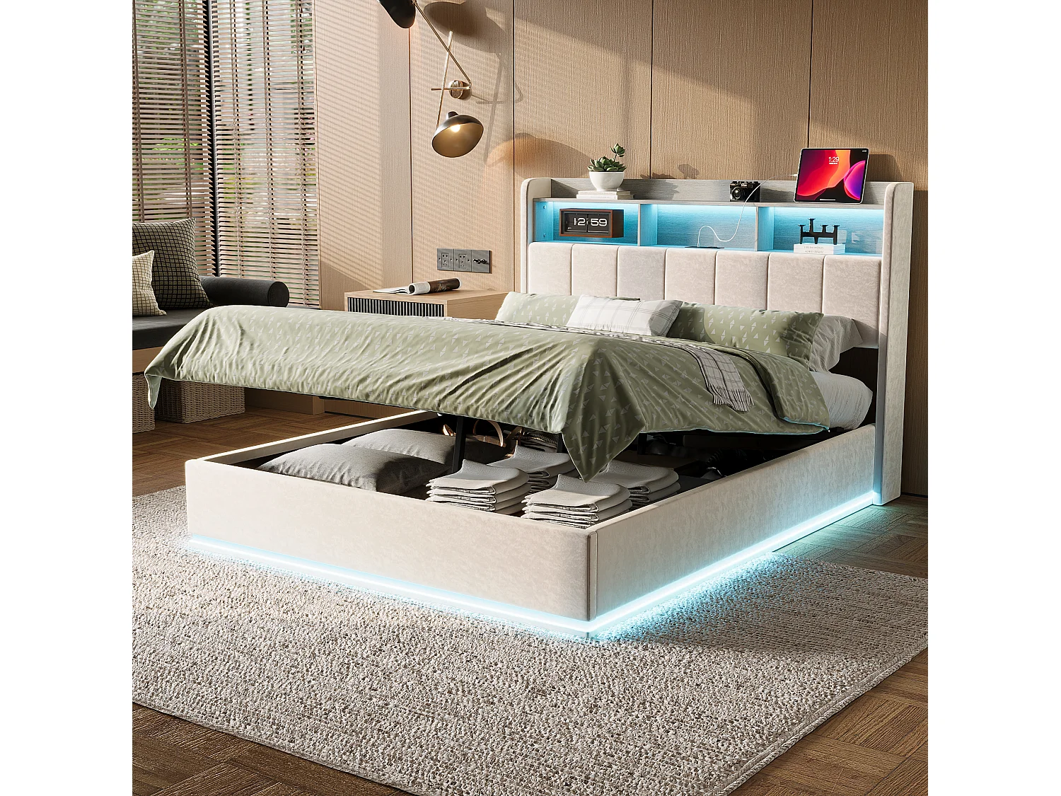 Lit Coffre 140x200 avec LED et Port USB, Lit Double avec Étagères Ouvertes, Tête de Lits Capitonné et Rangement, Cadre de Lit rembourré avec Sommier, Velours Beige