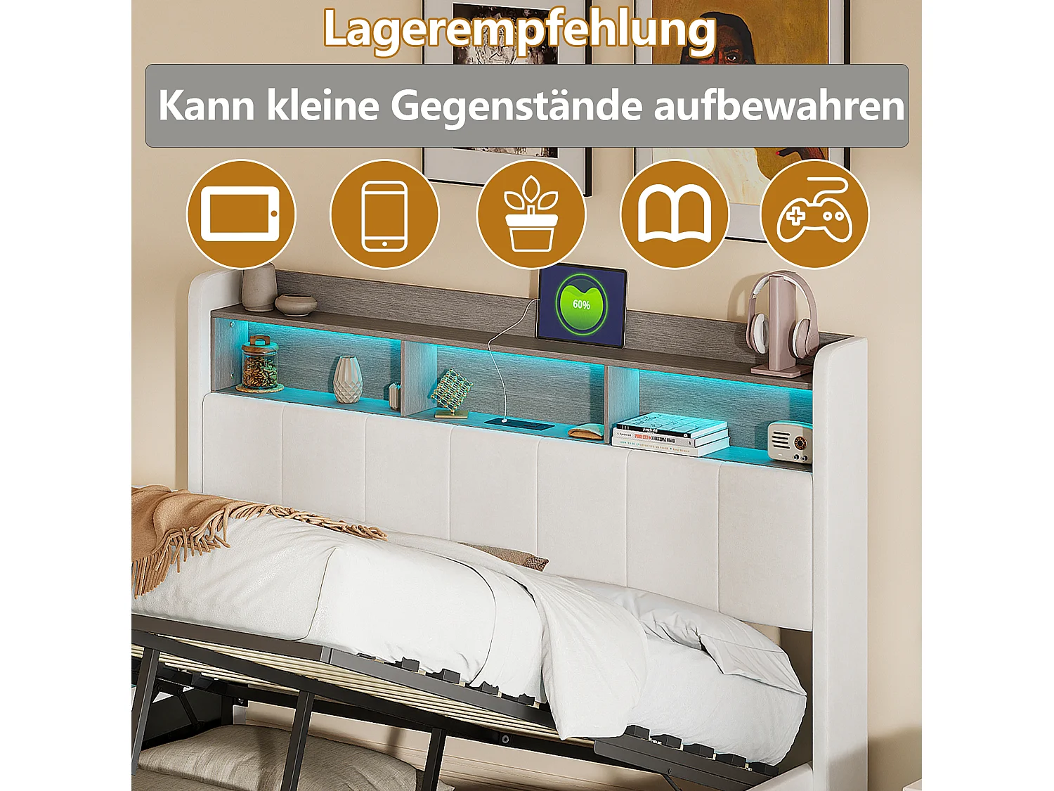 Lit Coffre 140x200 avec LED et Port USB, Lit Double avec Étagères Ouvertes, Tête de Lits Capitonné et Rangement, Cadre de Lit rembourré avec Sommier, Velours Beige
