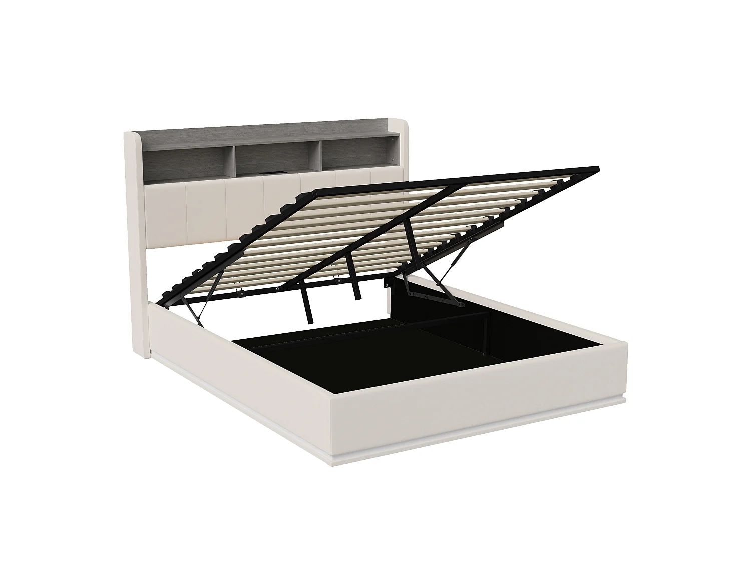 Lit Coffre 140x200 avec LED et Port USB, Lit Double avec Étagères Ouvertes, Tête de Lits Capitonné et Rangement, Cadre de Lit rembourré avec Sommier, Velours Beige