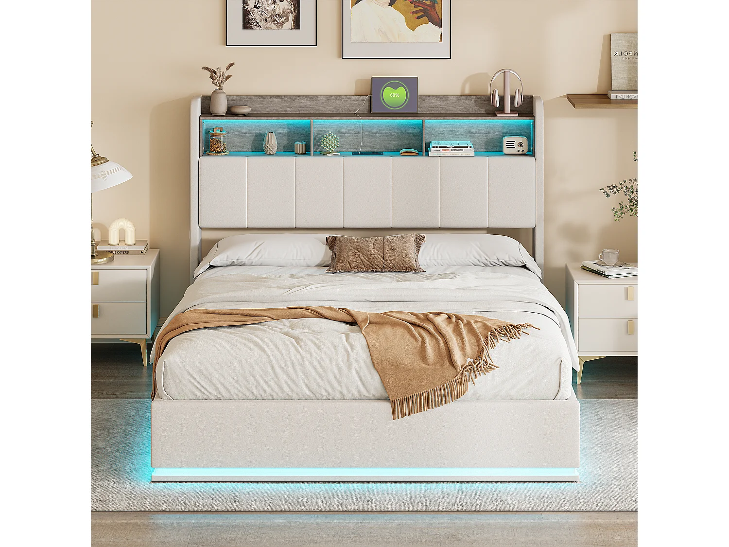 Lit Coffre 140x200 avec LED et Port USB, Lit Double avec Étagères Ouvertes, Tête de Lits Capitonné et Rangement, Cadre de Lit rembourré avec Sommier, Velours Beige