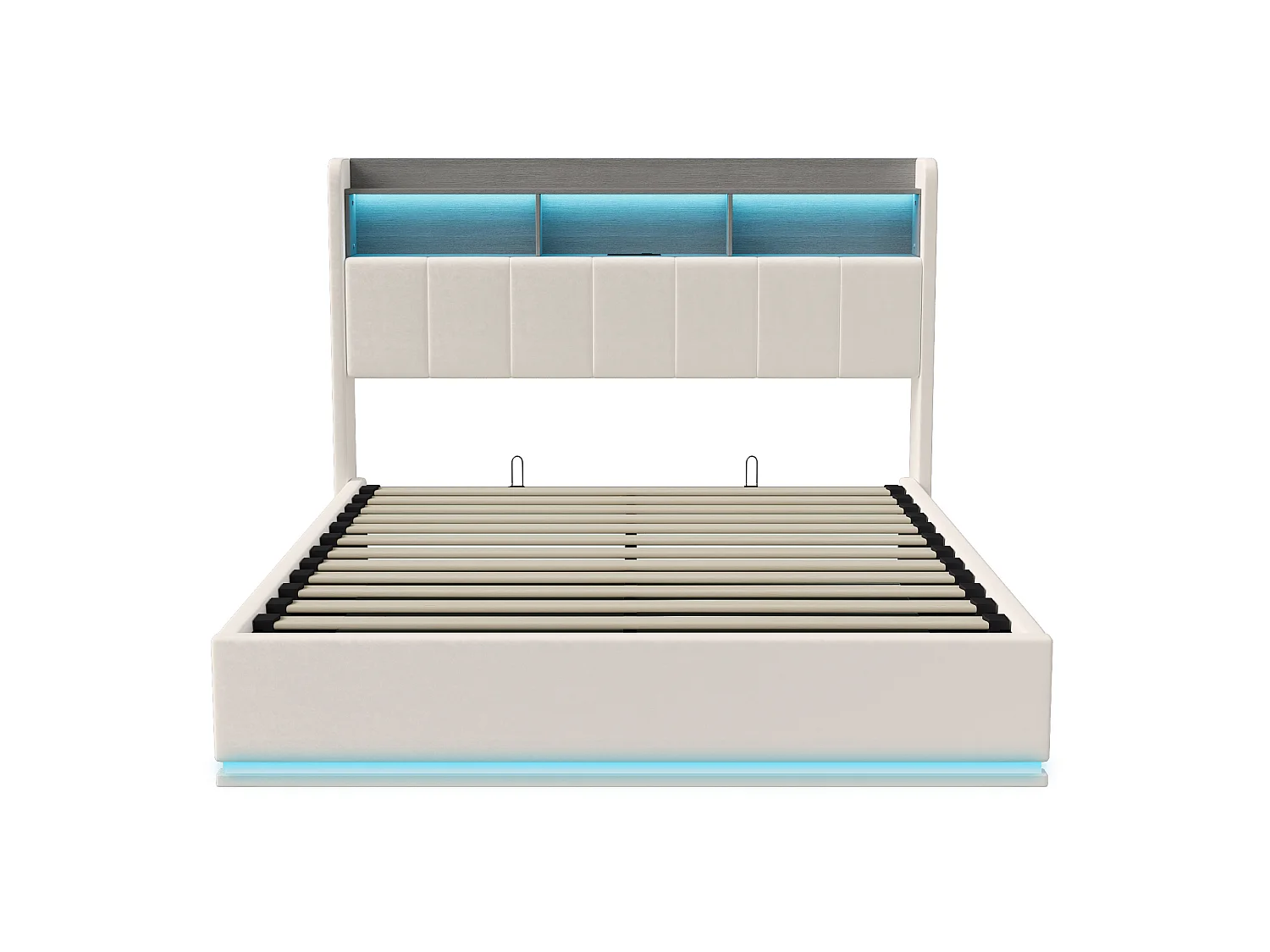 Lit Coffre 140x200 avec LED et Port USB, Lit Double avec Étagères Ouvertes, Tête de Lits Capitonné et Rangement, Cadre de Lit rembourré avec Sommier, Velours Beige