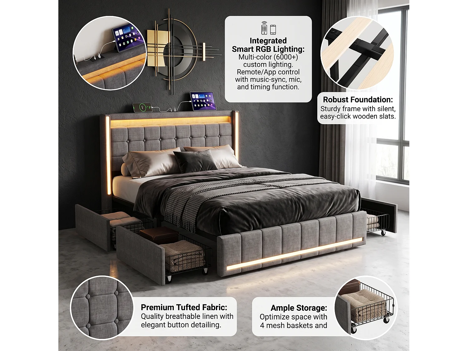DreamMespace Lit Coffre Double 140x200 cm - Meuble de Rangement 4 Tiroirs, Oreilles de Lit & Tête de Lit avec LED RGB, Ports USB & Type-C, Tissu Lin Gris Foncé