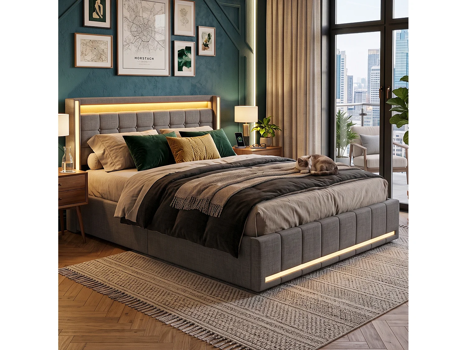 DreamMespace Lit Coffre Double 140x200 cm - Meuble de Rangement 4 Tiroirs, Oreilles de Lit & Tête de Lit avec LED RGB, Ports USB & Type-C, Tissu Lin Gris Foncé