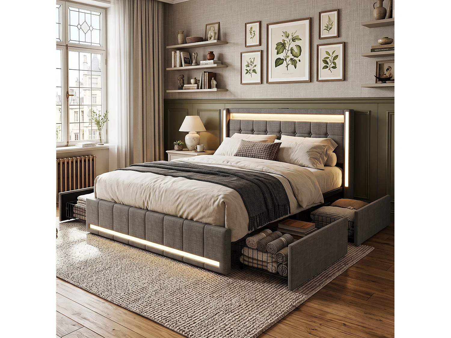 DreamMespace Lit Coffre Double 140x190 cm - Meuble de Rangement 4 Tiroirs, Oreilles de Lit & Tête de Lit avec LED RGB, Ports USB & Type-C, Tissu Lin Gris Foncé