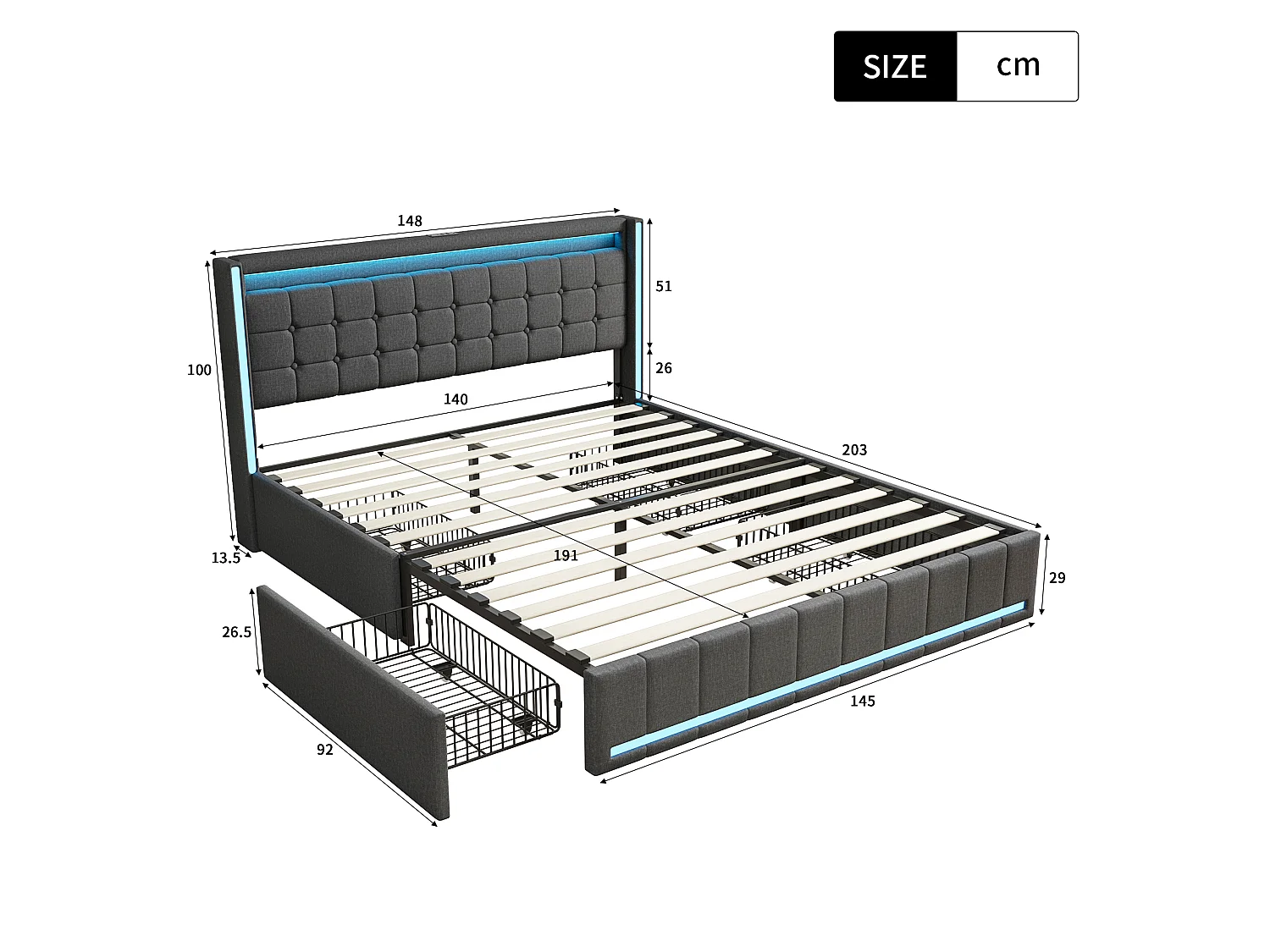 DreamMespace Lit Coffre Double 140x190 cm - Meuble de Rangement 4 Tiroirs, Oreilles de Lit & Tête de Lit avec LED RGB, Ports USB & Type-C, Tissu Lin Gris Foncé
