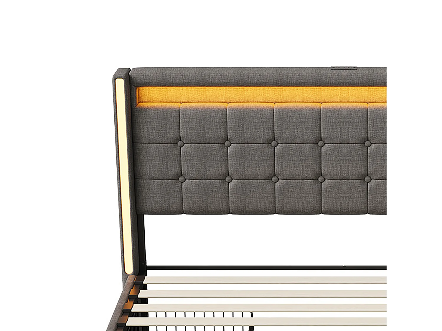 DreamMespace Lit Coffre Double 140x190 cm - Meuble de Rangement 4 Tiroirs, Oreilles de Lit & Tête de Lit avec LED RGB, Ports USB & Type-C, Tissu Lin Gris Foncé