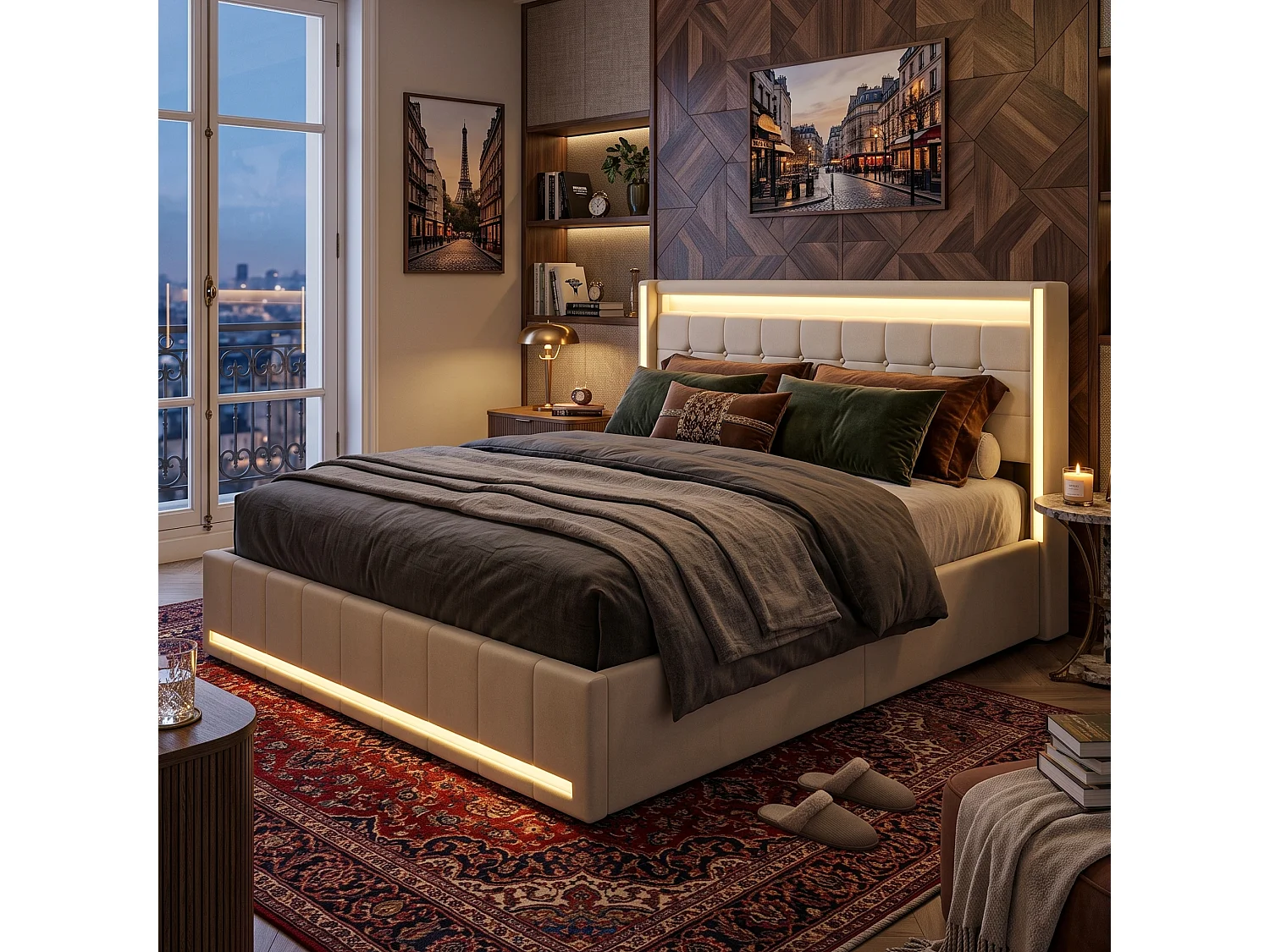 DreamMespace Lit Coffre King Size 180x200 cm - Meuble de Rangement 4 Tiroirs, Oreilles de Lit & Tête de Lit avec LED RGB, Ports USB & Type-C, Tissu Lin Beige