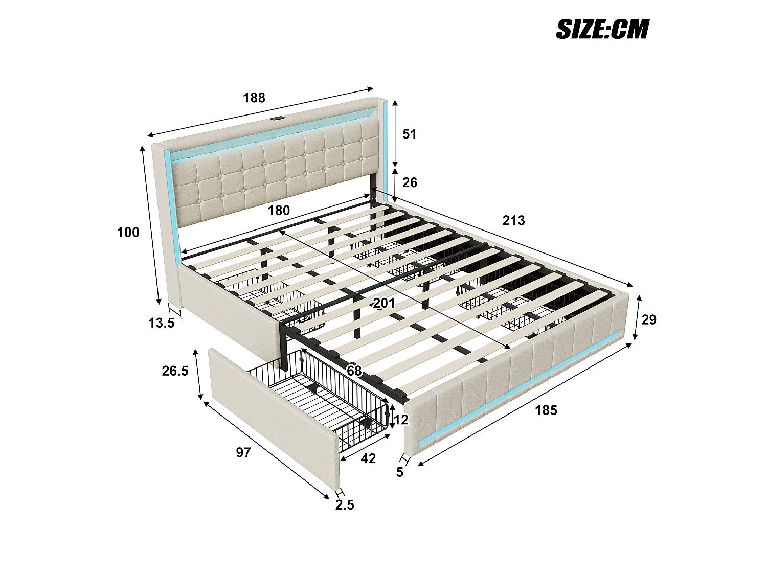 DreamMespace Lit Coffre King Size 180x200 cm - Meuble de Rangement 4 Tiroirs, Oreilles de Lit & Tête de Lit avec LED RGB, Ports USB & Type-C, Tissu Lin Beige