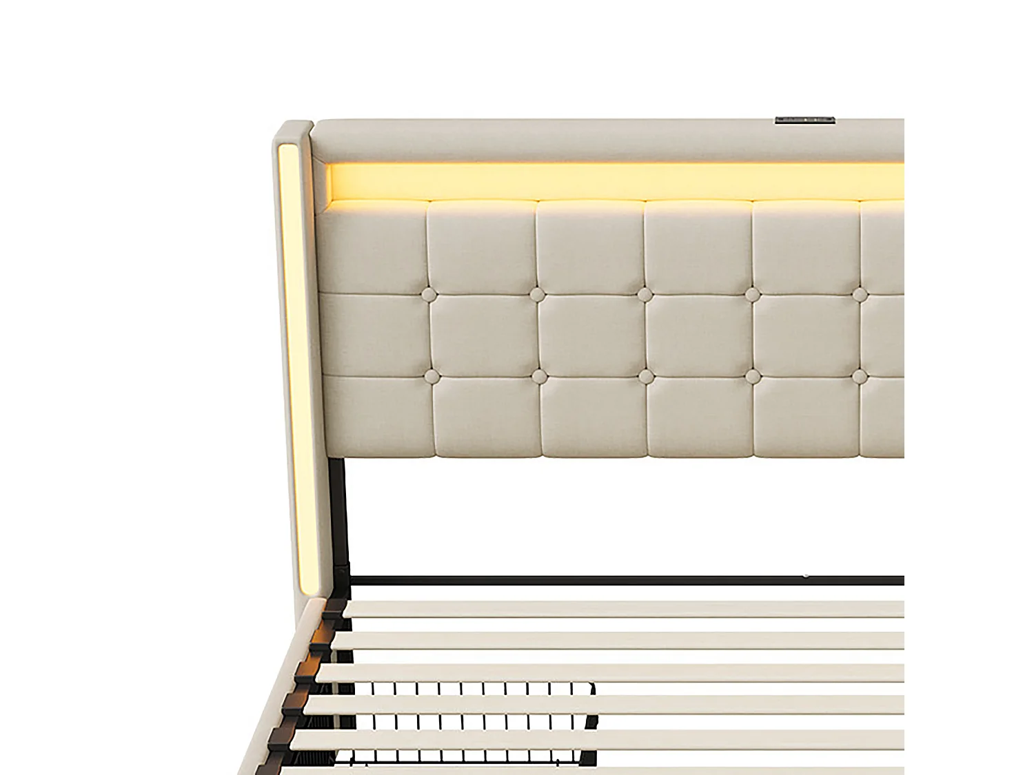 DreamMespace Lit Coffre King Size 180x200 cm - Meuble de Rangement 4 Tiroirs, Oreilles de Lit & Tête de Lit avec LED RGB, Ports USB & Type-C, Tissu Lin Beige