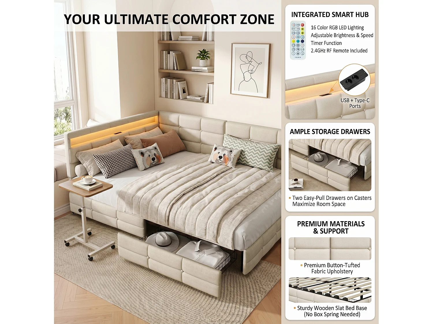 DreamMespace Lit Coffre Double 140x200 cm - Lit Méridienne en L avec 2 Tiroirs, Montage Réversible, LED RGB Connectée & Chargeur USB AC, Tissu Lin Beige