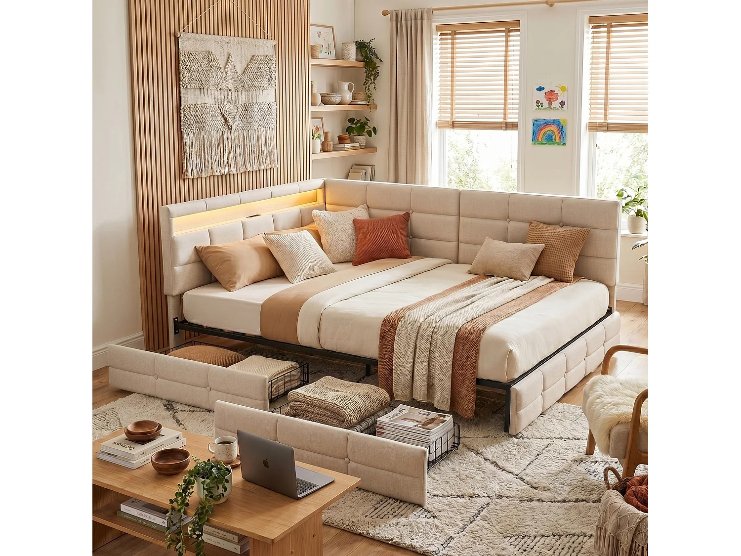 DreamMespace Lit Coffre Double 140x200 cm - Lit Méridienne en L avec 2 Tiroirs, Montage Réversible, LED RGB Connectée & Chargeur USB AC, Tissu Lin Beige