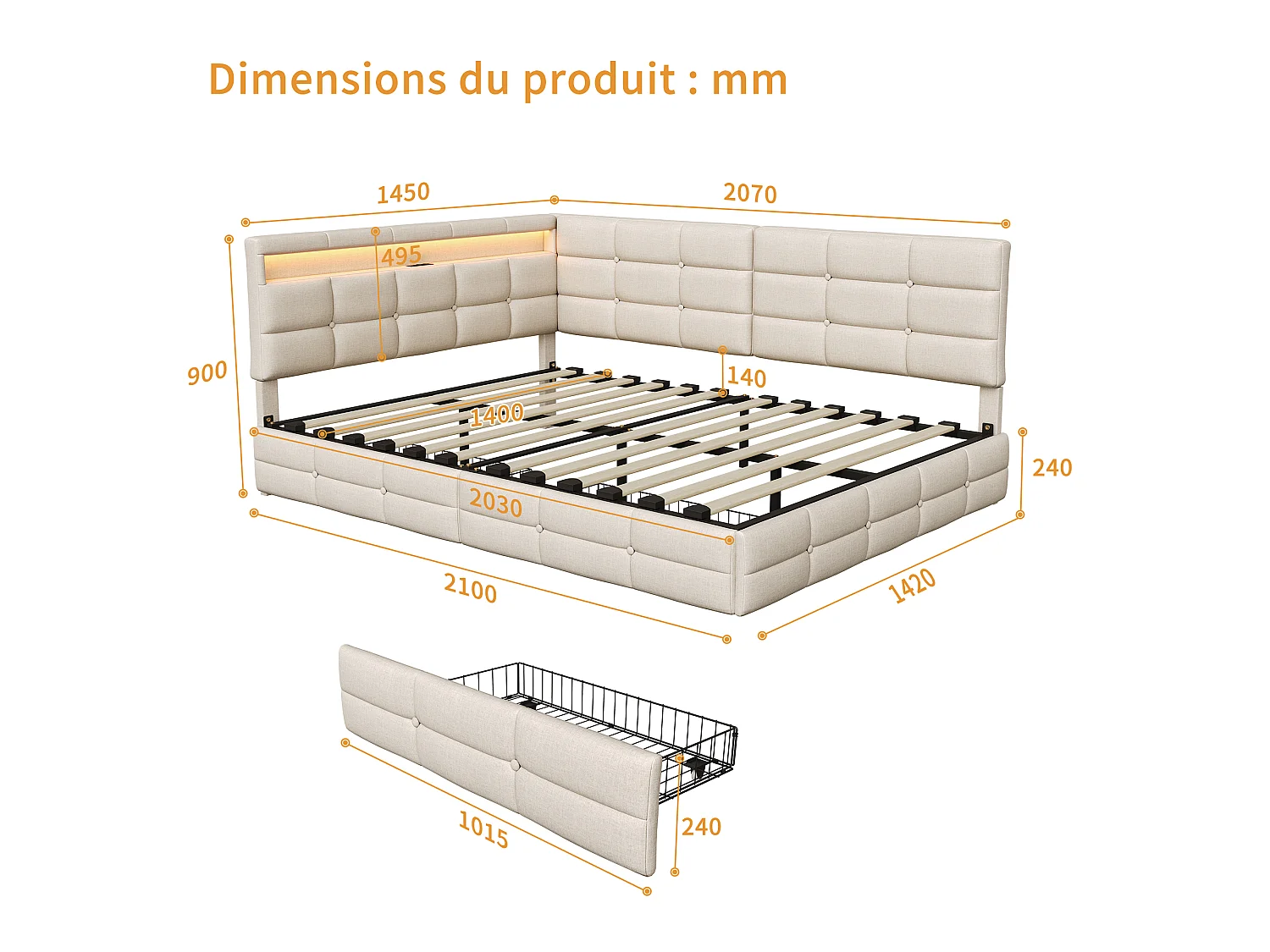 DreamMespace Lit Coffre Double 140x200 cm - Lit Méridienne en L avec 2 Tiroirs, Montage Réversible, LED RGB Connectée & Chargeur USB AC, Tissu Lin Beige