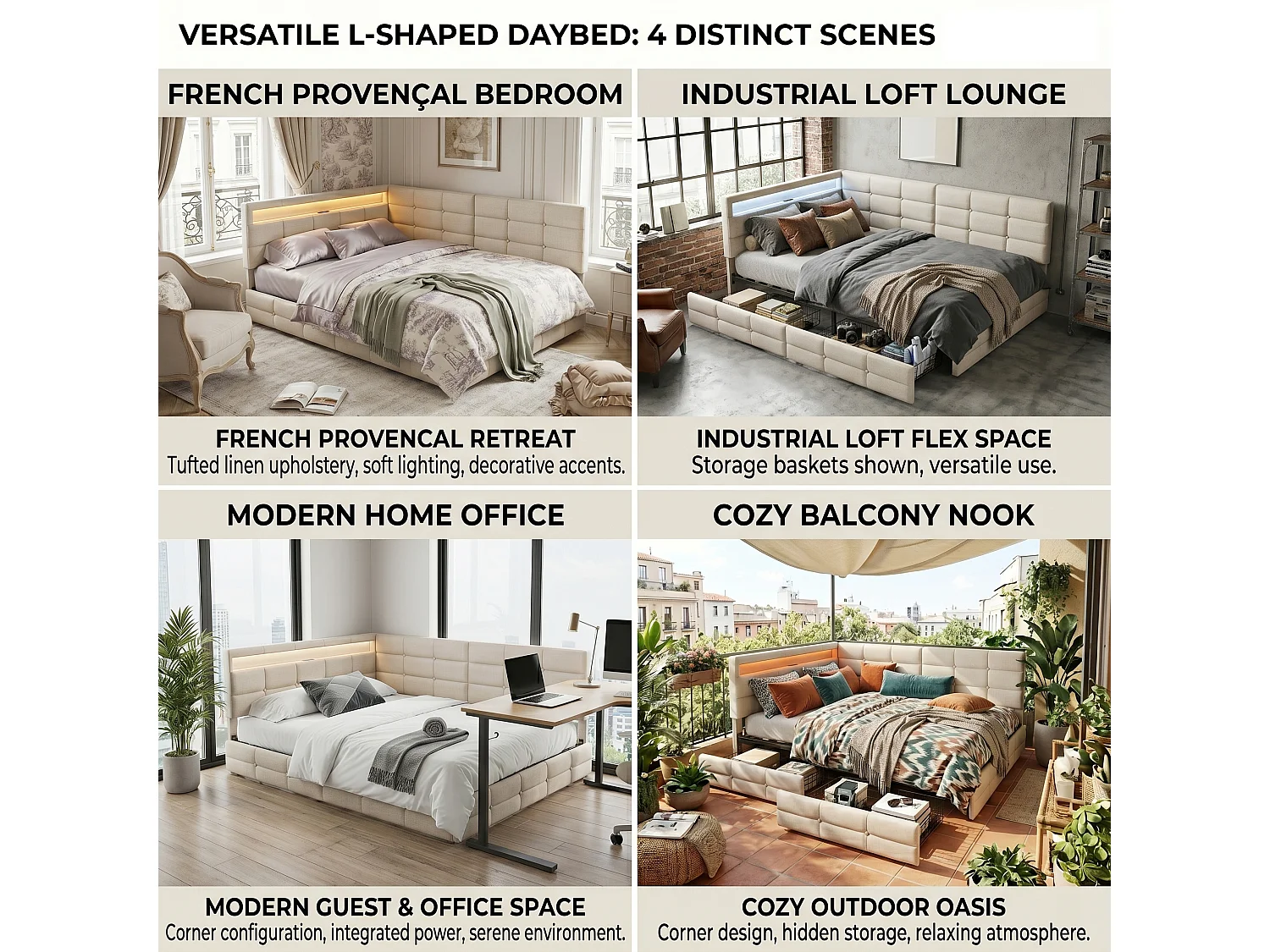 DreamMespace Lit Coffre Double 140x200 cm - Lit Méridienne en L avec 2 Tiroirs, Montage Réversible, LED RGB Connectée & Chargeur USB AC, Tissu Lin Beige