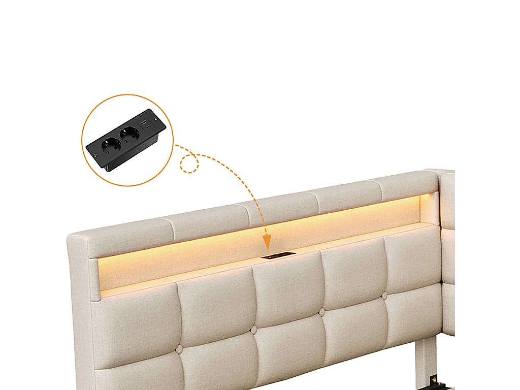 DreamMespace Lit Coffre Double 140x200 cm - Lit Méridienne en L avec 2 Tiroirs, Montage Réversible, LED RGB Connectée & Chargeur USB AC, Tissu Lin Beige