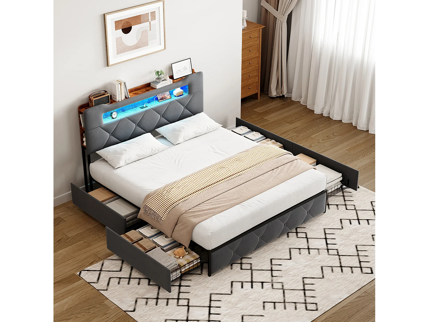 Lit Double Coffre 140x190 cm avec LED et USB - Lit Capitonné avec Tiroir et ête de Lit de Rangement - Sommier - Velours gris