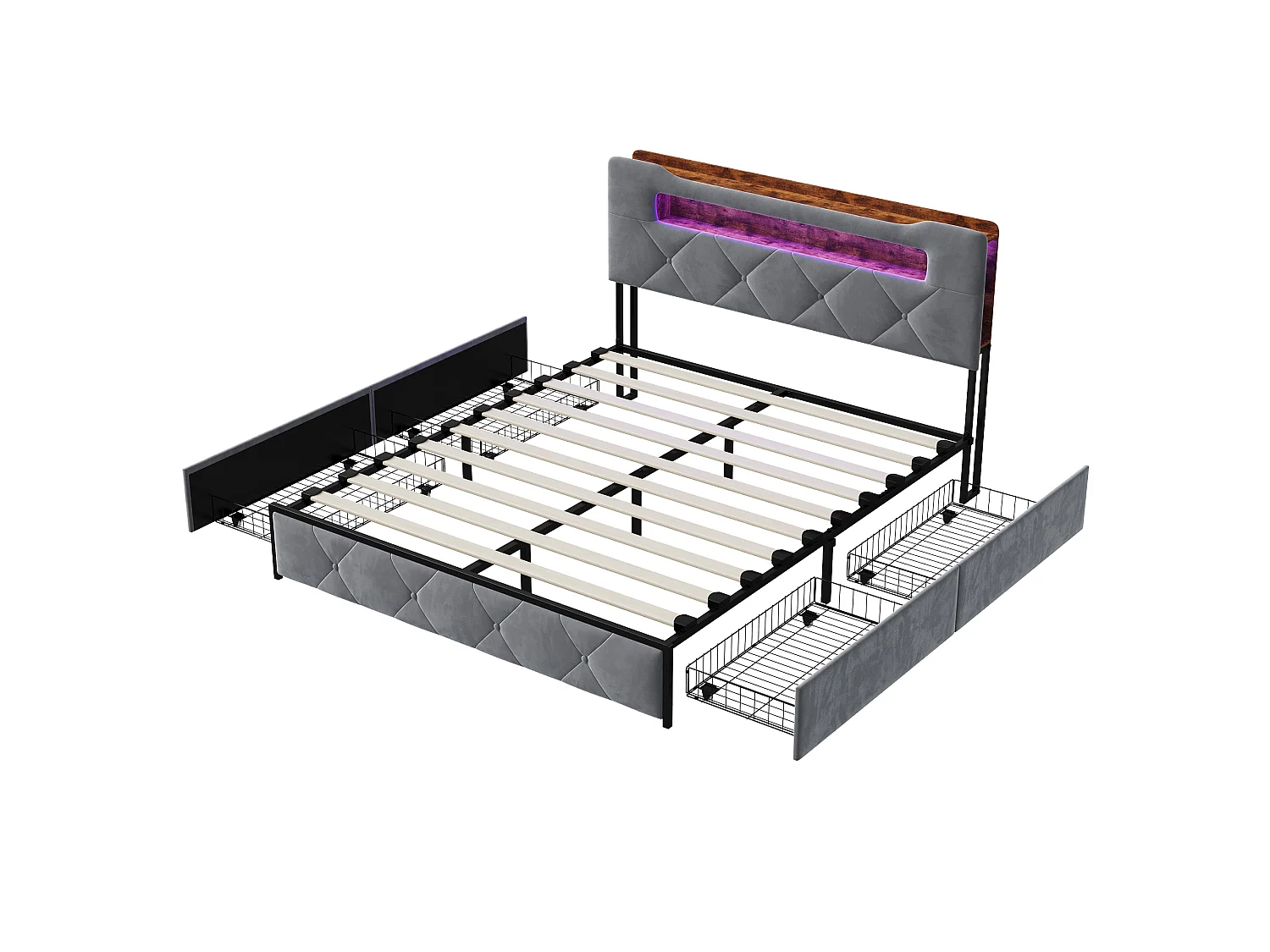 Lit Double Coffre 140x190 cm avec LED et USB - Lit Capitonné avec Tiroir et ête de Lit de Rangement - Sommier - Velours gris
