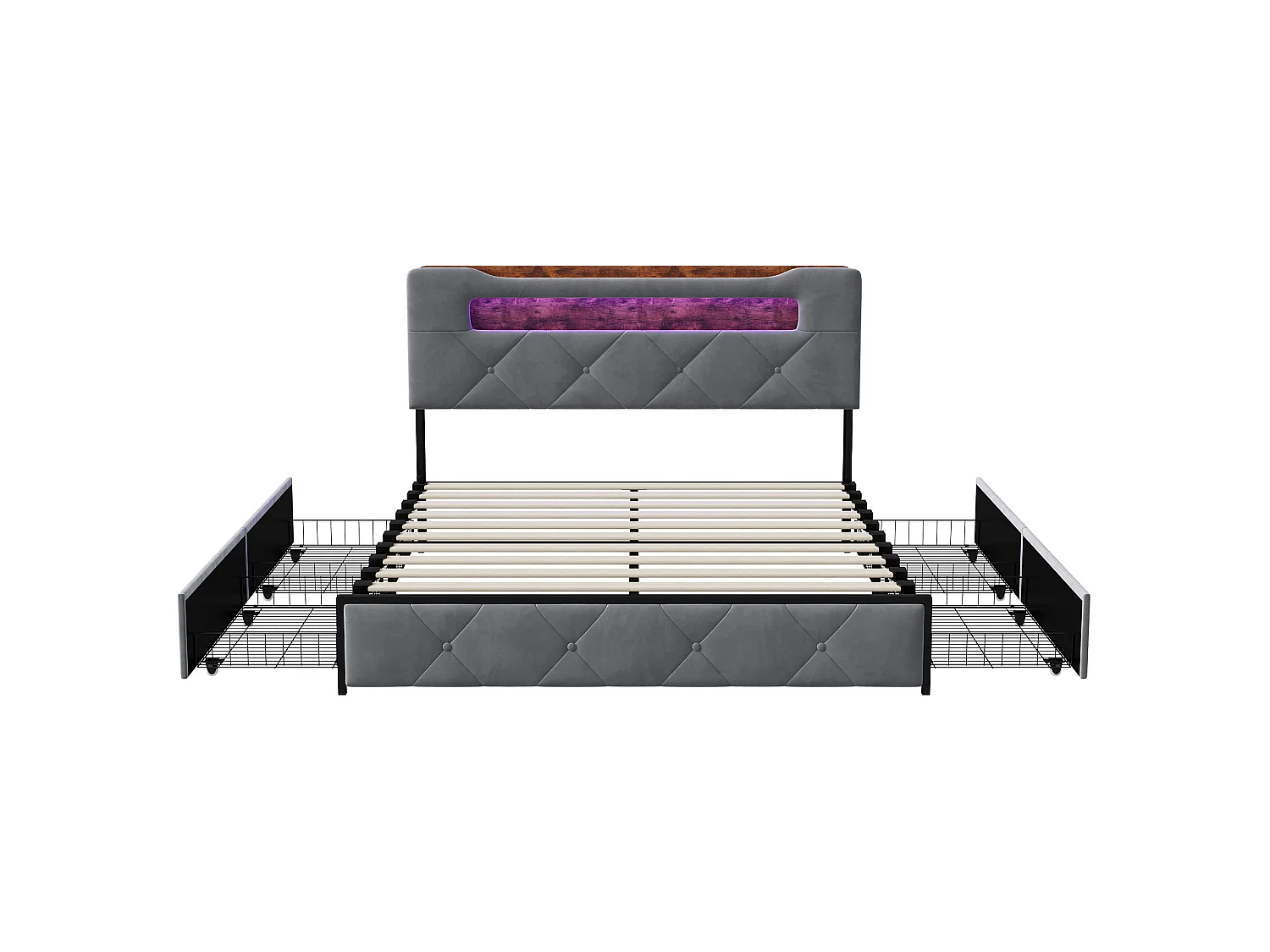 Lit Double Coffre 140x190 cm avec LED et USB - Lit Capitonné avec Tiroir et ête de Lit de Rangement - Sommier - Velours gris
