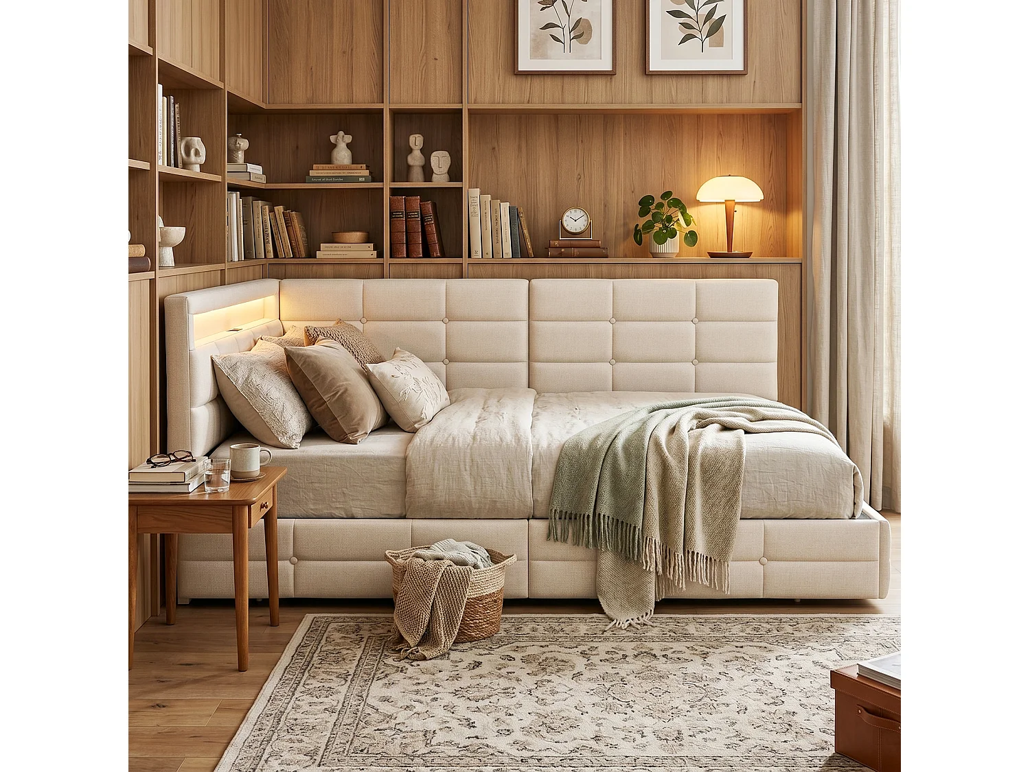 DreamMespace Lit Coffre Double 140x190 cm - Lit Méridienne en L avec 2 Tiroirs, Montage Réversible, LED RGB Connectée & Chargeur USB AC, Tissu Lin Beige