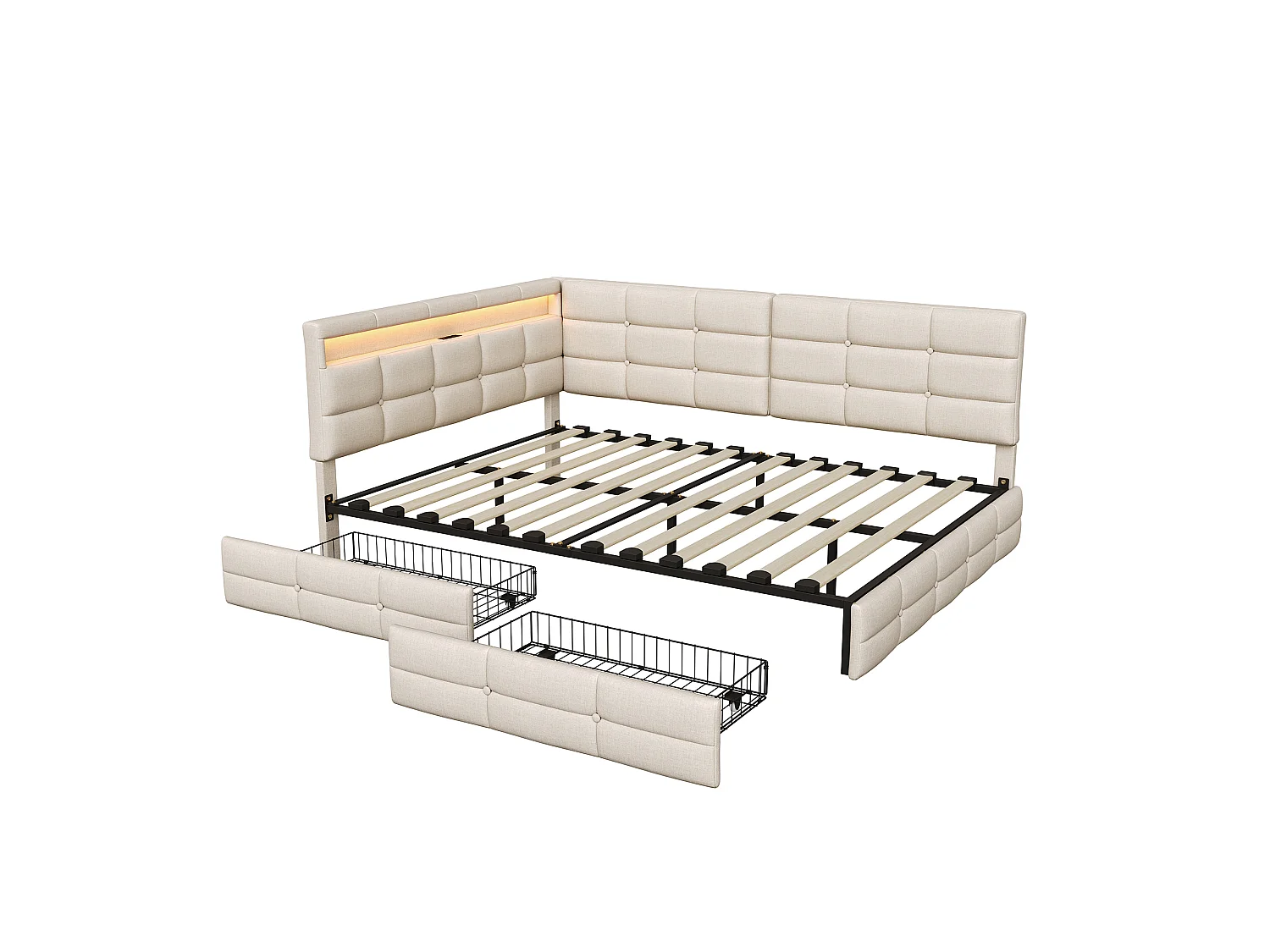DreamMespace Lit Coffre Double 140x190 cm - Lit Méridienne en L avec 2 Tiroirs, Montage Réversible, LED RGB Connectée & Chargeur USB AC, Tissu Lin Beige