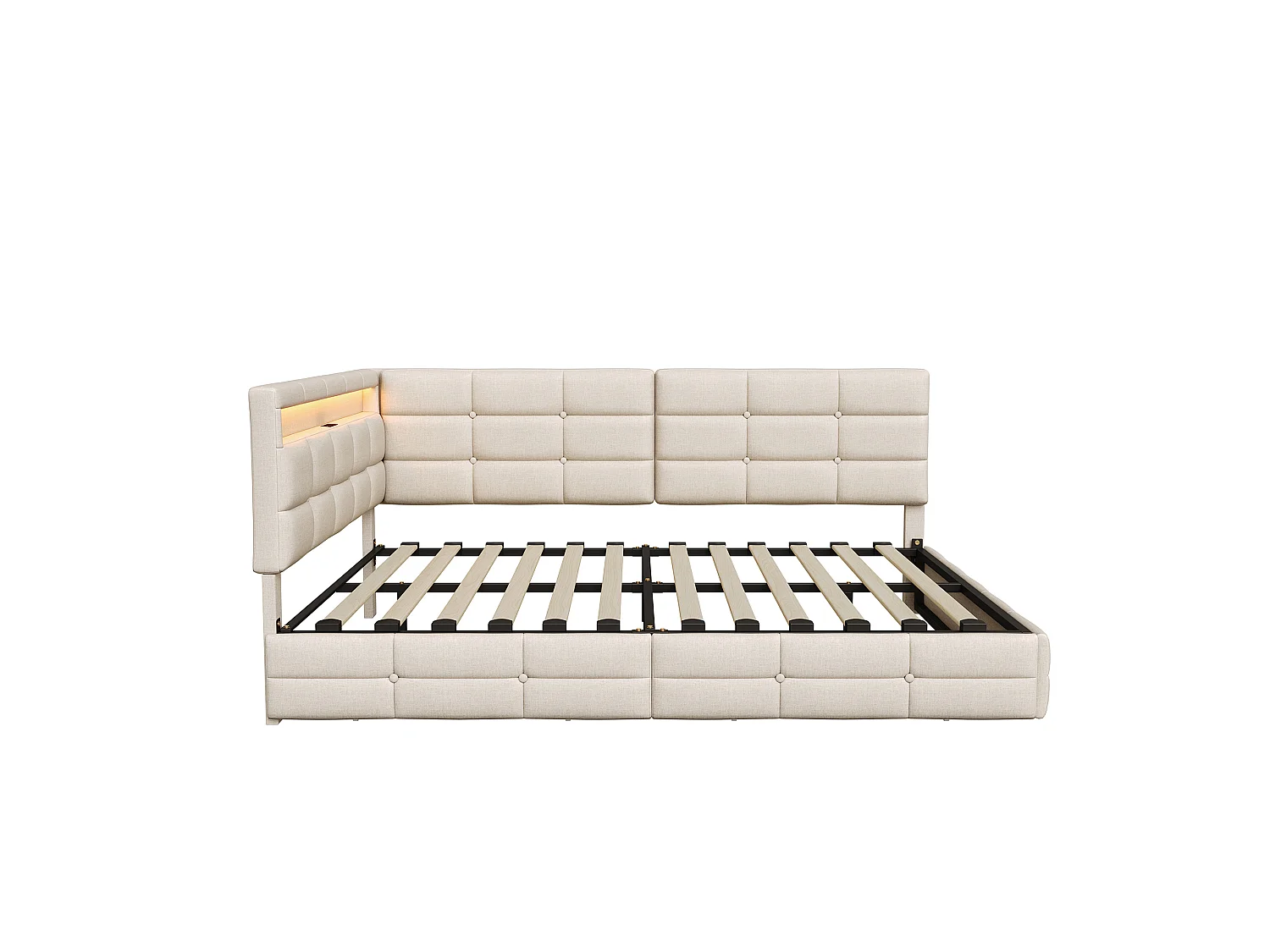DreamMespace Lit Coffre Double 140x190 cm - Lit Méridienne en L avec 2 Tiroirs, Montage Réversible, LED RGB Connectée & Chargeur USB AC, Tissu Lin Beige