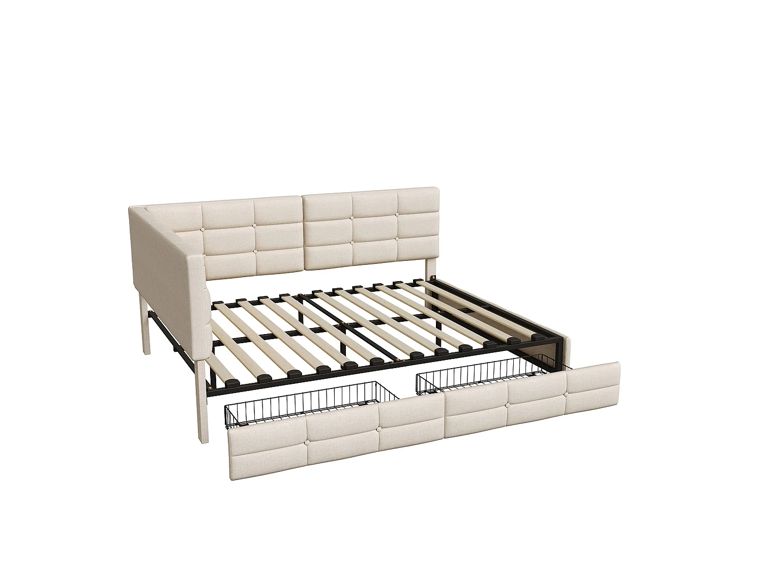 DreamMespace Lit Coffre Double 140x190 cm - Lit Méridienne en L avec 2 Tiroirs, Montage Réversible, LED RGB Connectée & Chargeur USB AC, Tissu Lin Beige
