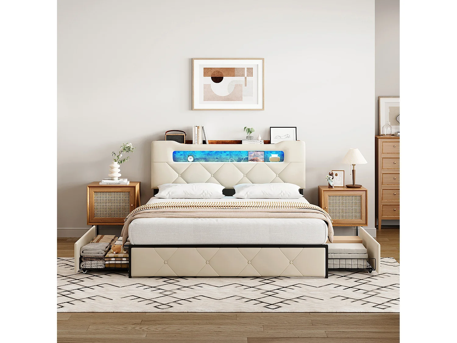 Lit 140x190 cm avec 4 Tiroirs - LED et Prise USB+Tpye C - Tête de Lit Rembourrée avec Rangement - 2 Personnes - Velours beige