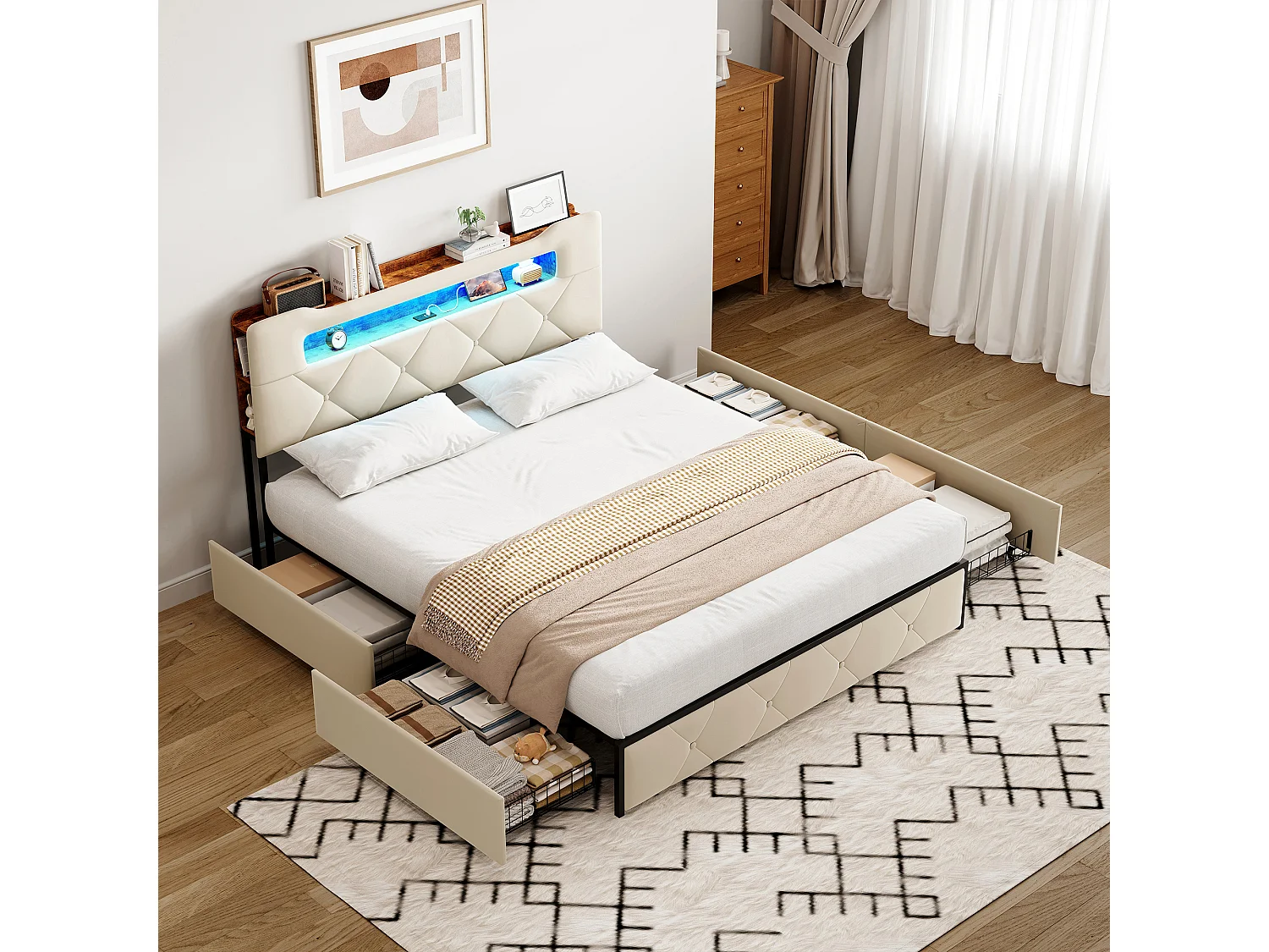 Lit 140x190 cm avec 4 Tiroirs - LED et Prise USB+Tpye C - Tête de Lit Rembourrée avec Rangement - 2 Personnes - Velours beige
