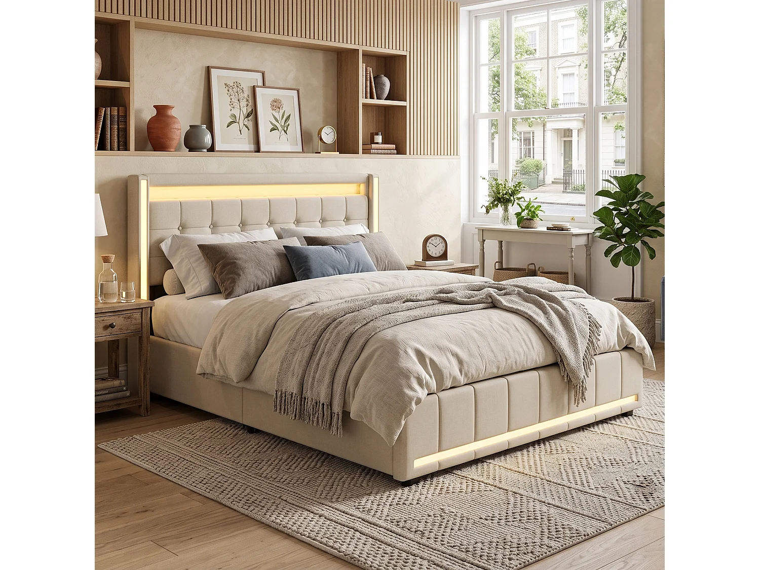 DreamMespace Lit Coffre Double 140x190 cm - Meuble de Rangement 4 Tiroirs, Oreilles de Lit & Tête de Lit avec LED RGB, Ports USB & Type-C, Tissu Lin Beige