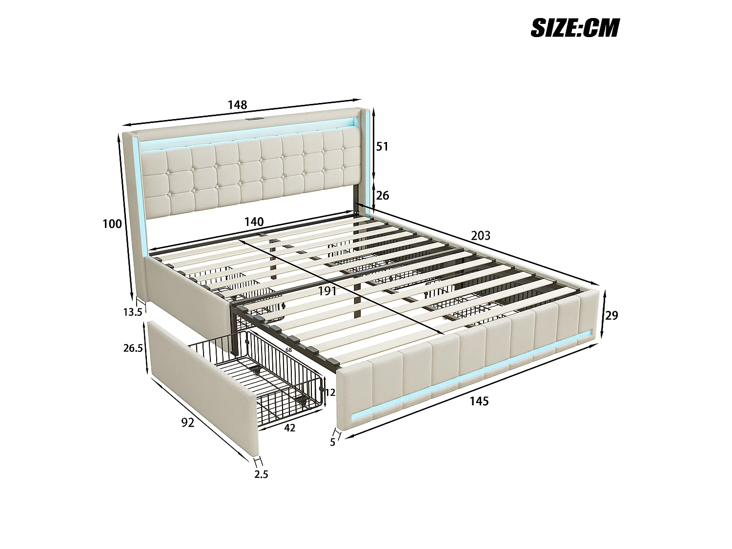 DreamMespace Lit Coffre Double 140x190 cm - Meuble de Rangement 4 Tiroirs, Oreilles de Lit & Tête de Lit avec LED RGB, Ports USB & Type-C, Tissu Lin Beige