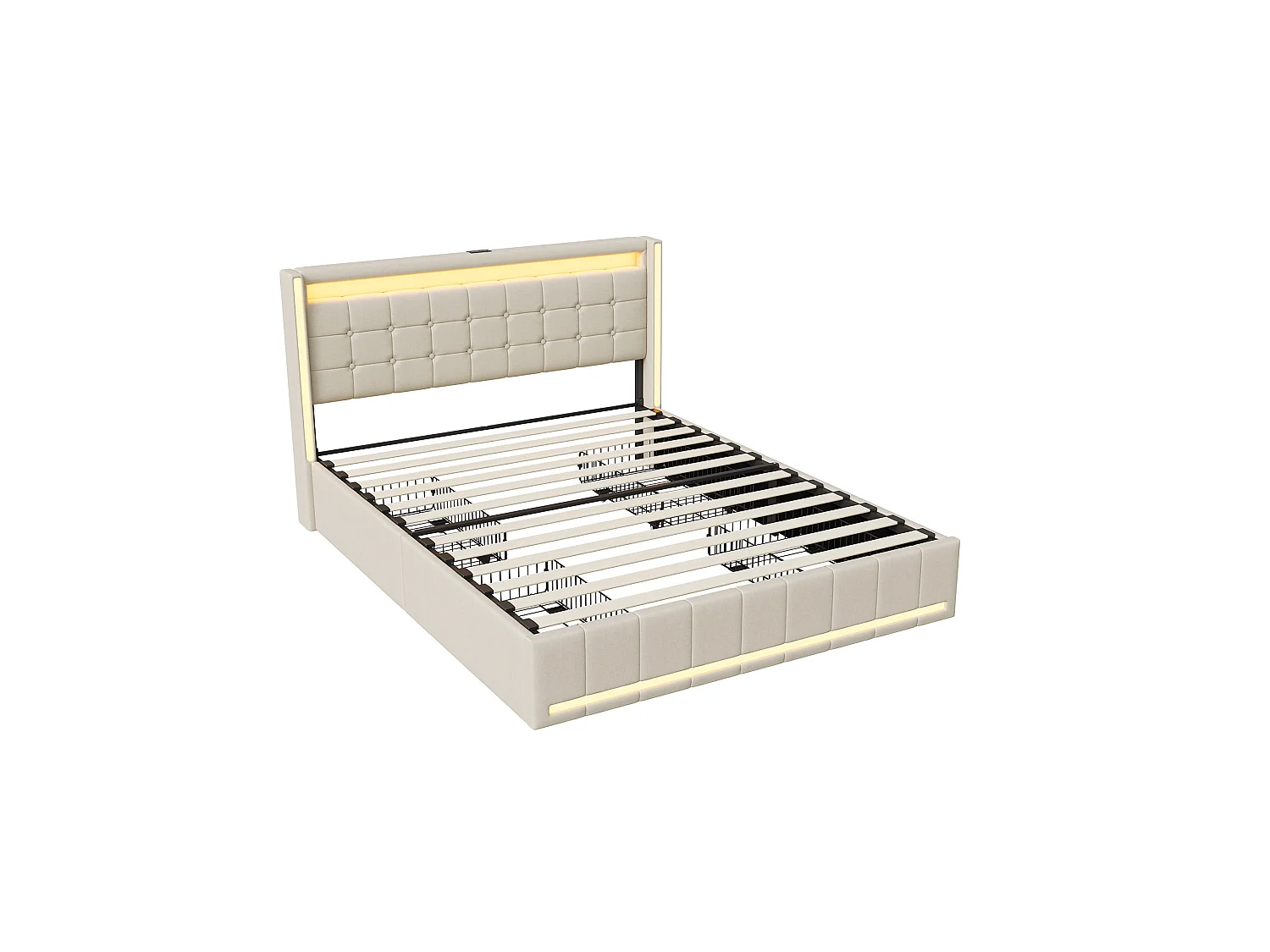 DreamMespace Lit Coffre Double 140x190 cm - Meuble de Rangement 4 Tiroirs, Oreilles de Lit & Tête de Lit avec LED RGB, Ports USB & Type-C, Tissu Lin Beige