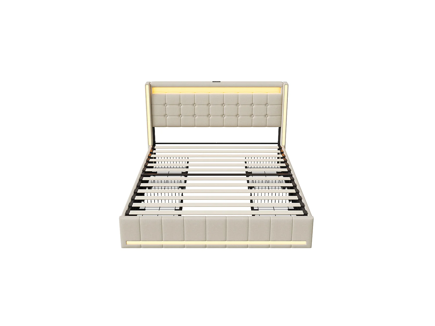 DreamMespace Lit Coffre Double 140x190 cm - Meuble de Rangement 4 Tiroirs, Oreilles de Lit & Tête de Lit avec LED RGB, Ports USB & Type-C, Tissu Lin Beige