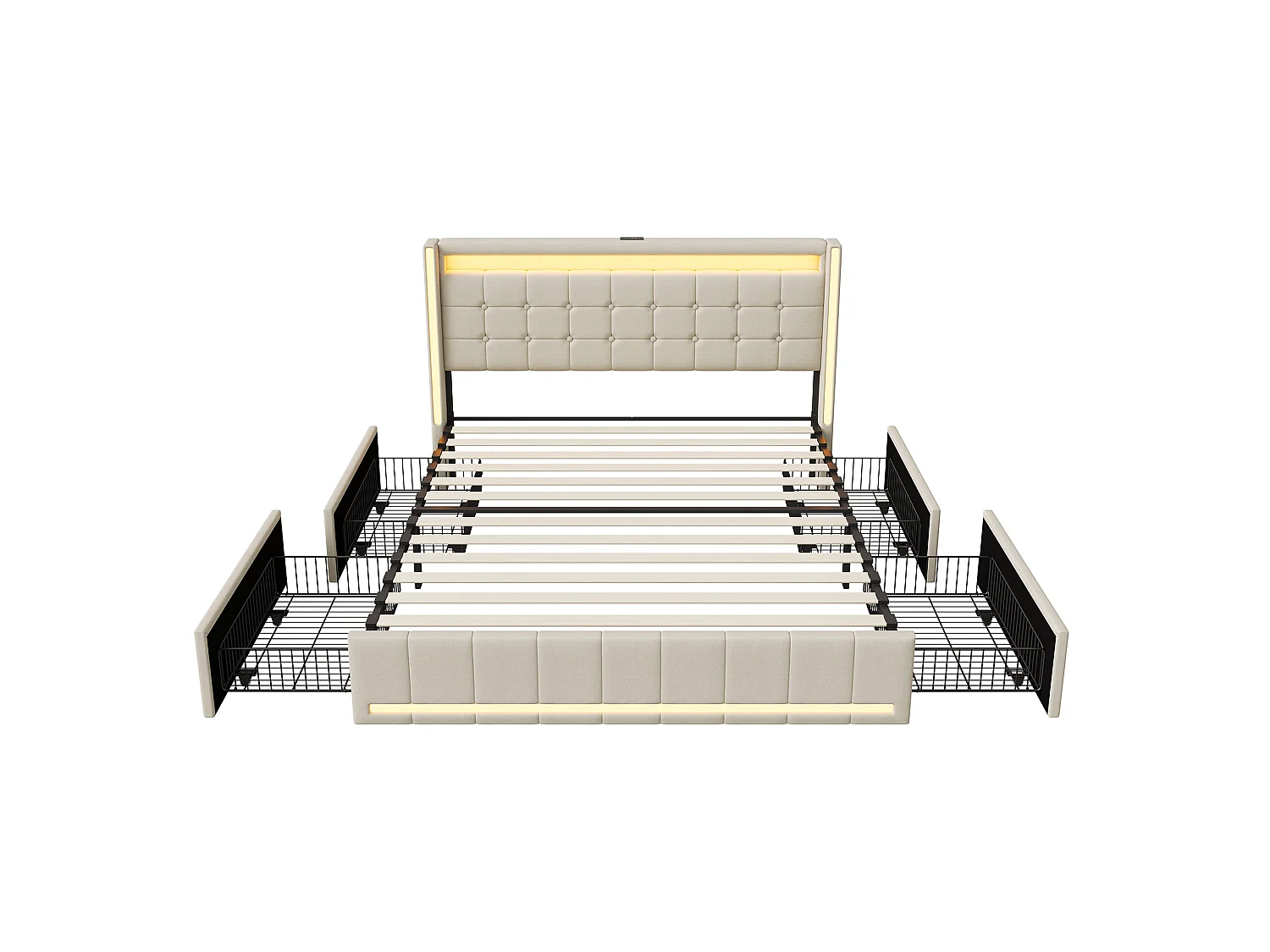 DreamMespace Lit Coffre Double 140x190 cm - Meuble de Rangement 4 Tiroirs, Oreilles de Lit & Tête de Lit avec LED RGB, Ports USB & Type-C, Tissu Lin Beige