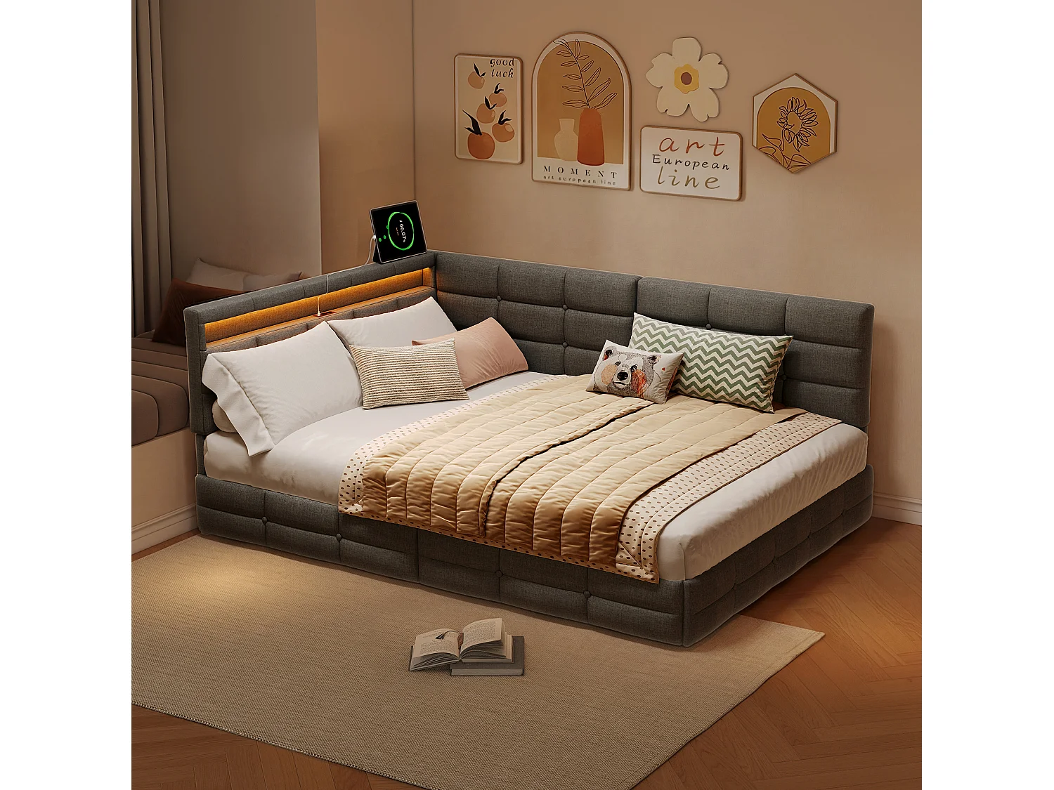 Canapé lit 140 x 190 - Lit Coffre 140 x 190 avec LED et USB - Tête de Lit capitonné et Rangement - Lit Enfant avec Lattes - Lin gris