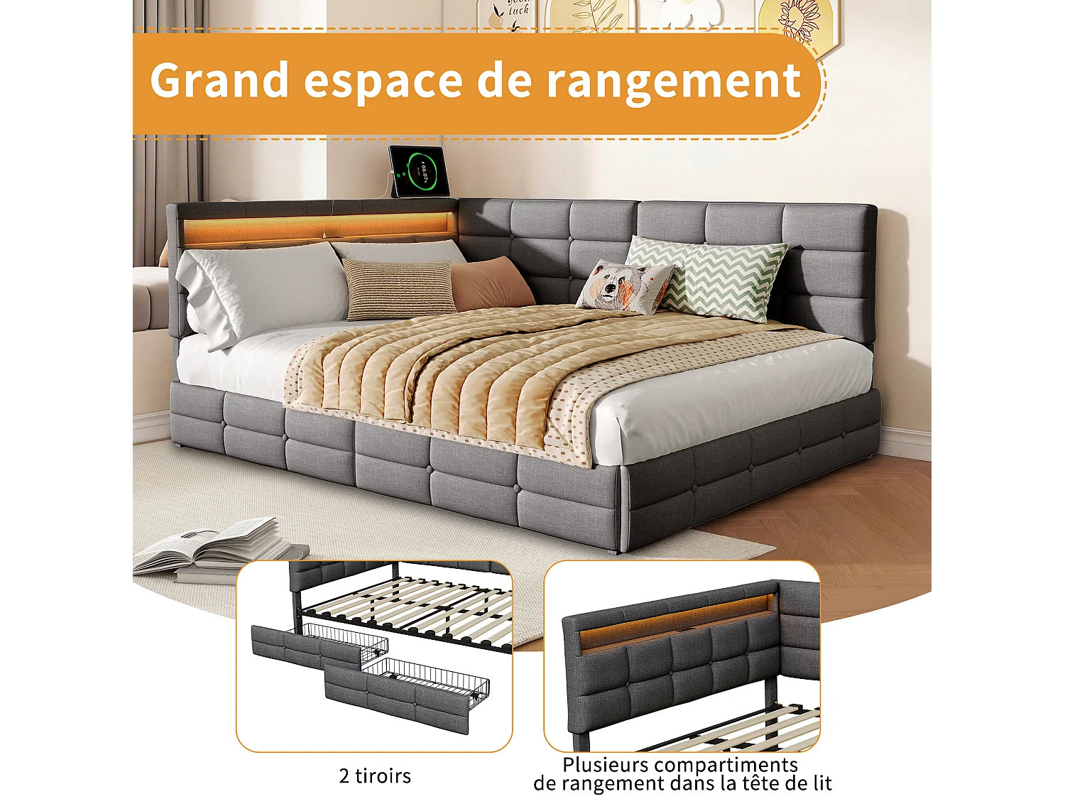 Canapé lit 140 x 190 - Lit Coffre 140 x 190 avec LED et USB - Tête de Lit capitonné et Rangement - Lit Enfant avec Lattes - Lin gris