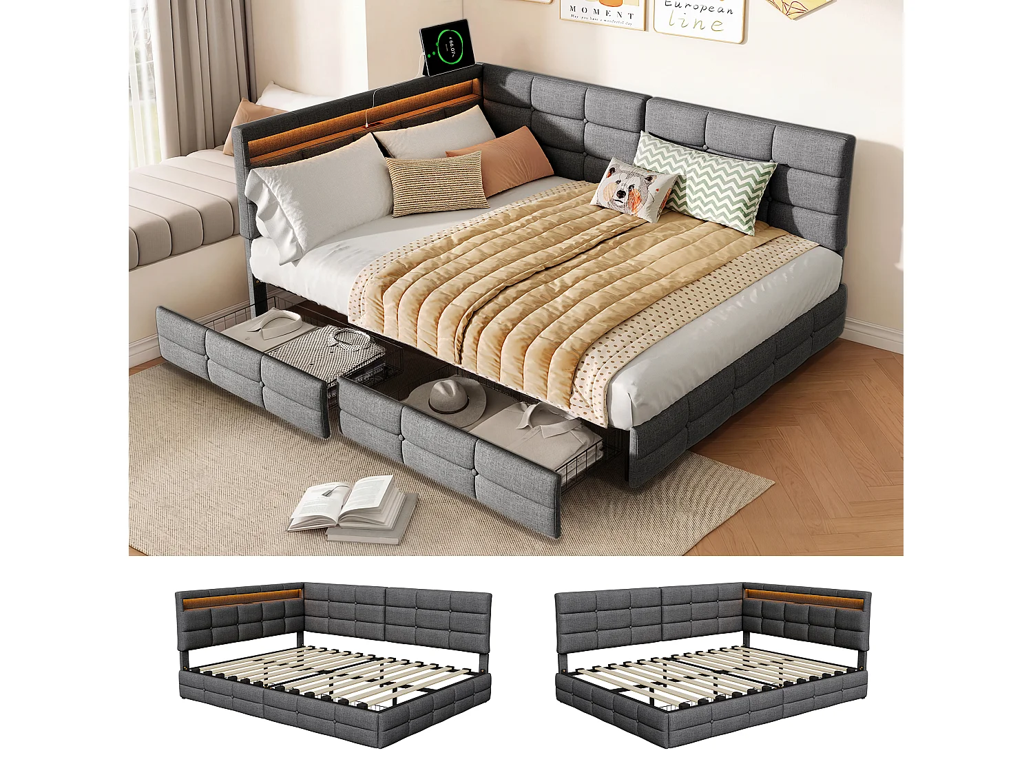 Canapé lit 140 x 190 - Lit Coffre 140 x 190 avec LED et USB - Tête de Lit capitonné et Rangement - Lit Enfant avec Lattes - Lin gris